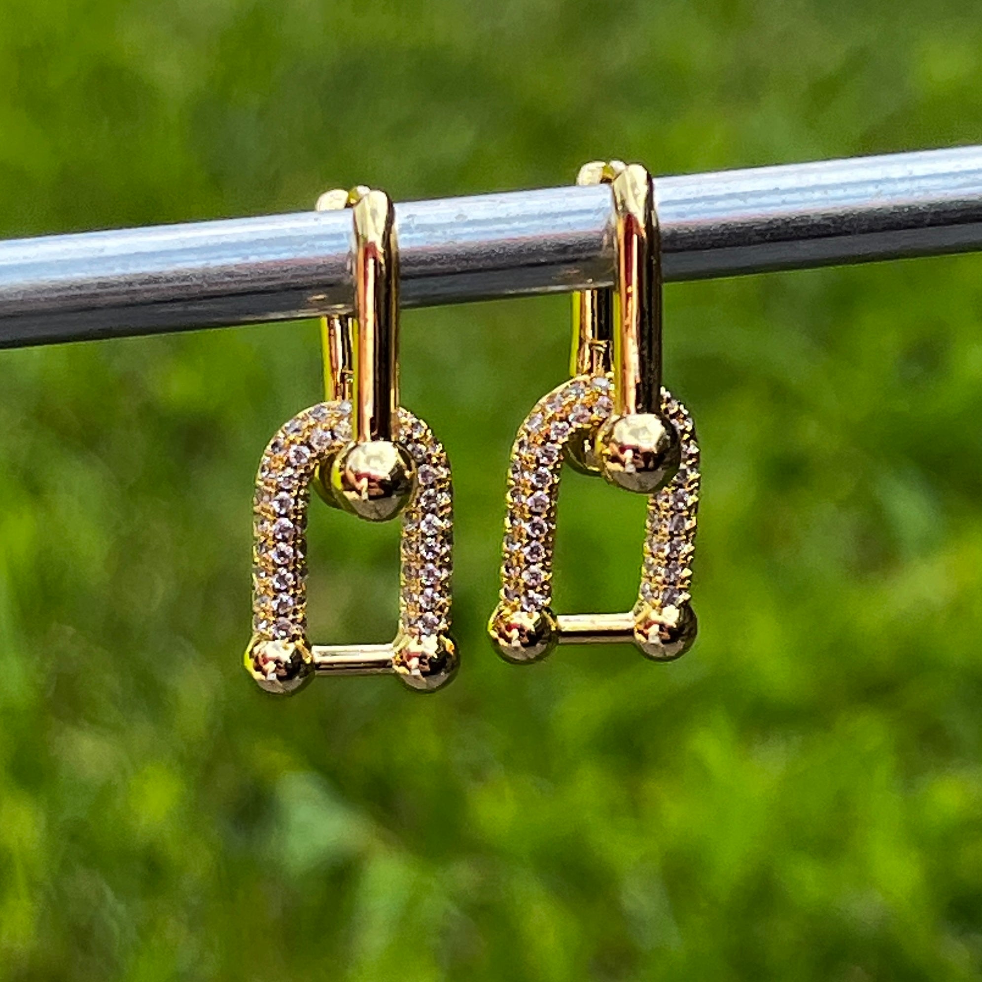 Stainless Steel | Gold U-Link Earrings | Pave Crystal