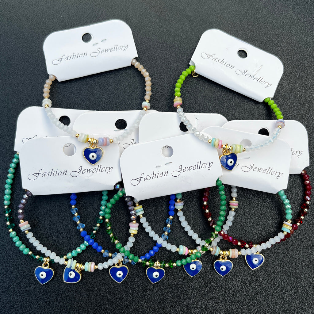 Crystal Bracelet | Heart Evil Eye Charm | 9 Color Options 