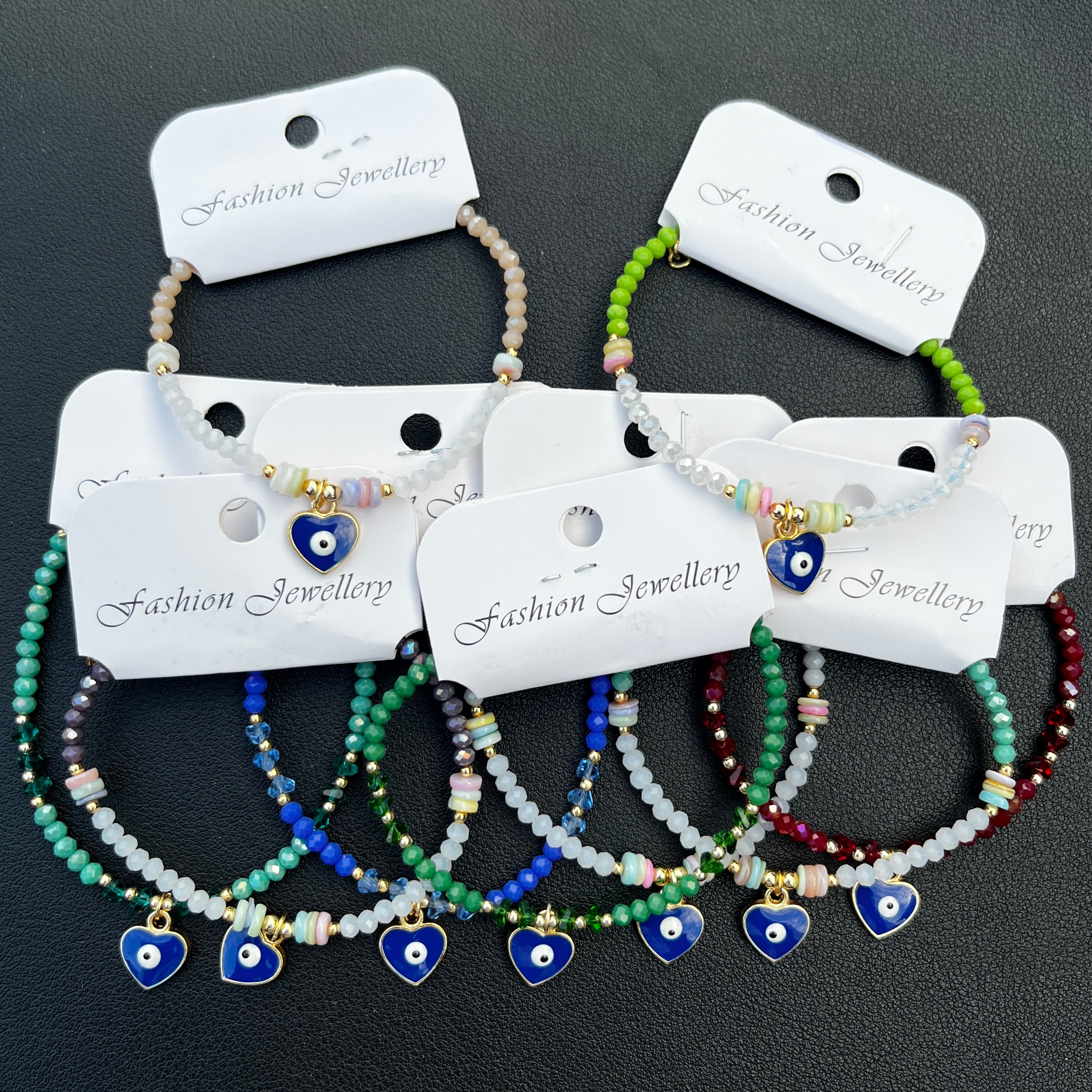Crystal Bracelet | Heart Evil Eye Charm | 9 Color Options 