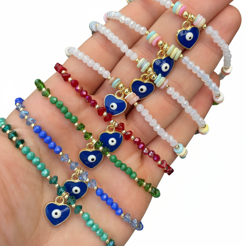 Crystal Bracelet | Heart Evil Eye Charm | 9 Color Options 