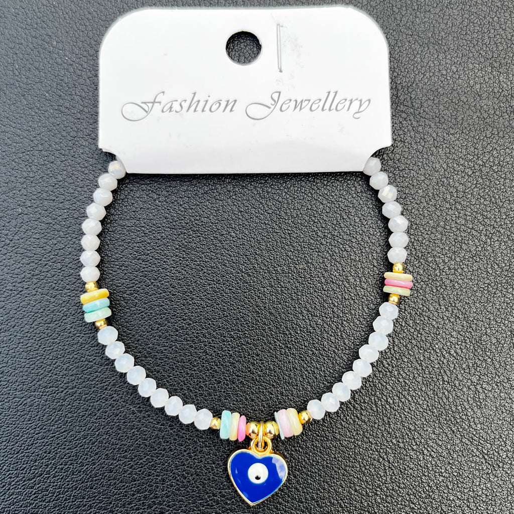 Crystal Bracelet | Heart Evil Eye Charm | 9 Color Options 
