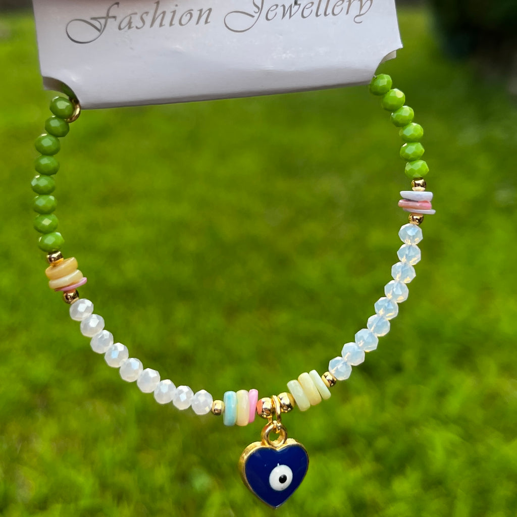 Crystal Bracelet | Heart Evil Eye Charm | 9 Color Options 