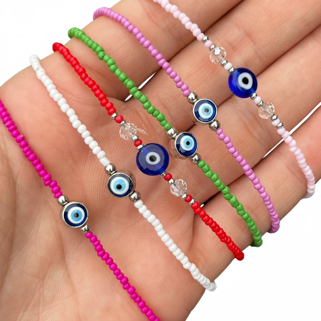 Crystal Bracelet | Beaded Evil Eye Charm | 7 Color Options 