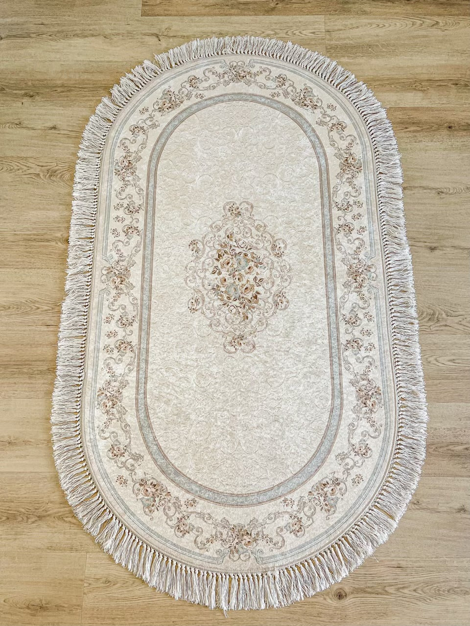 Oval Blue Design Lateks Water Resistant Washable Tassel Area Rug