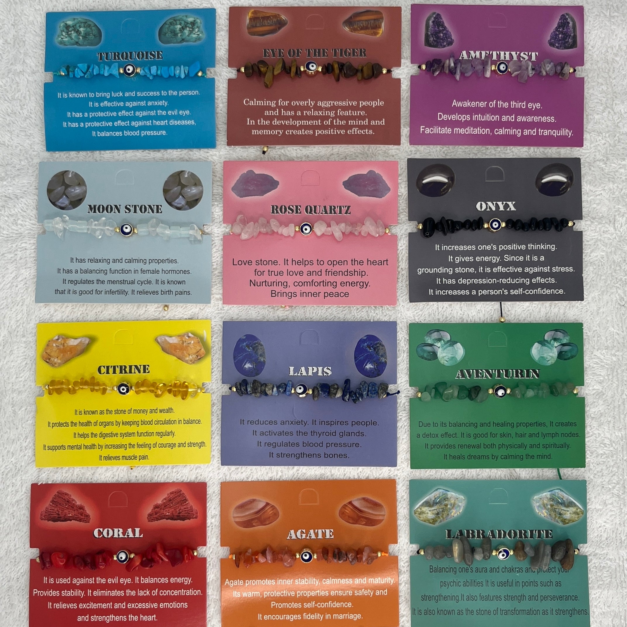 Set of 12 Zodiac Sign Natural Stone & Evil Eye Bracelets