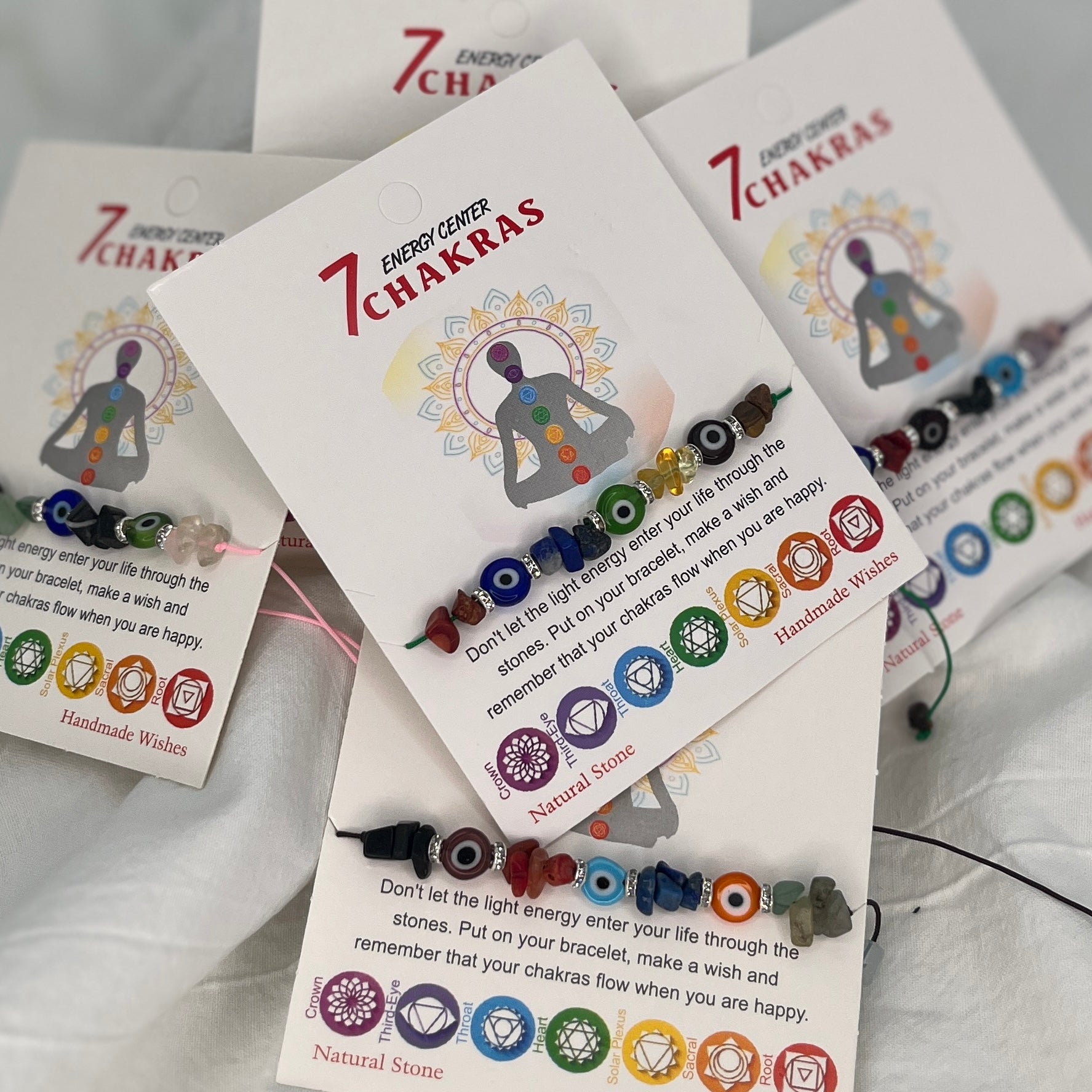 7 Chakras with Evil Eye Beads Bracelet – Card Included – Loli