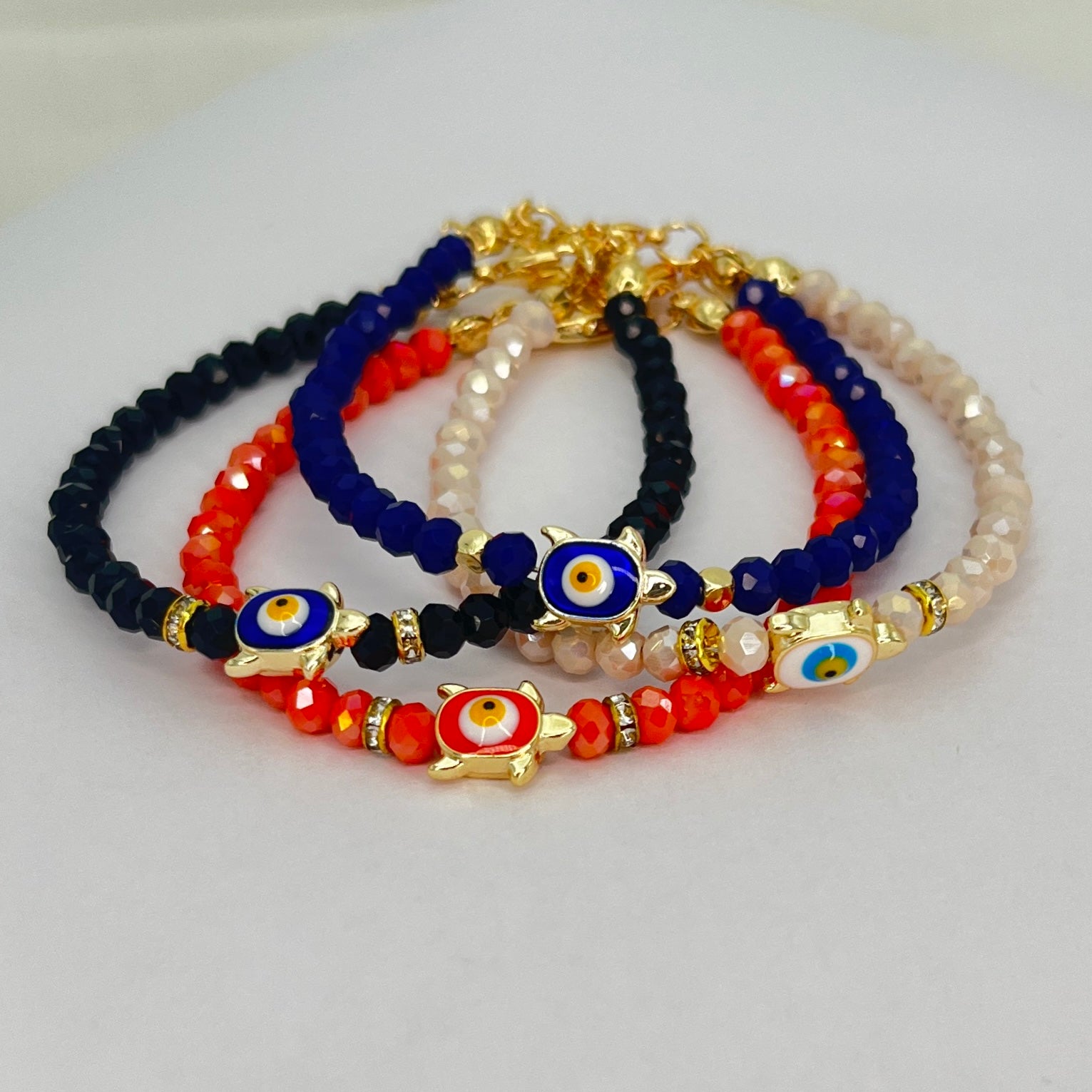 Crystal Beaded Bracelet with Turtle Charm - 4 Color Options 