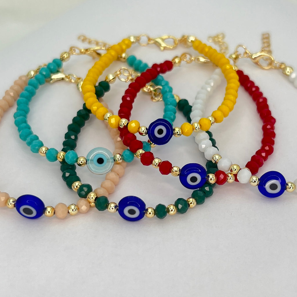 Evil Eye Crystal Beaded Bracelet, Charm - 6 Color Options 