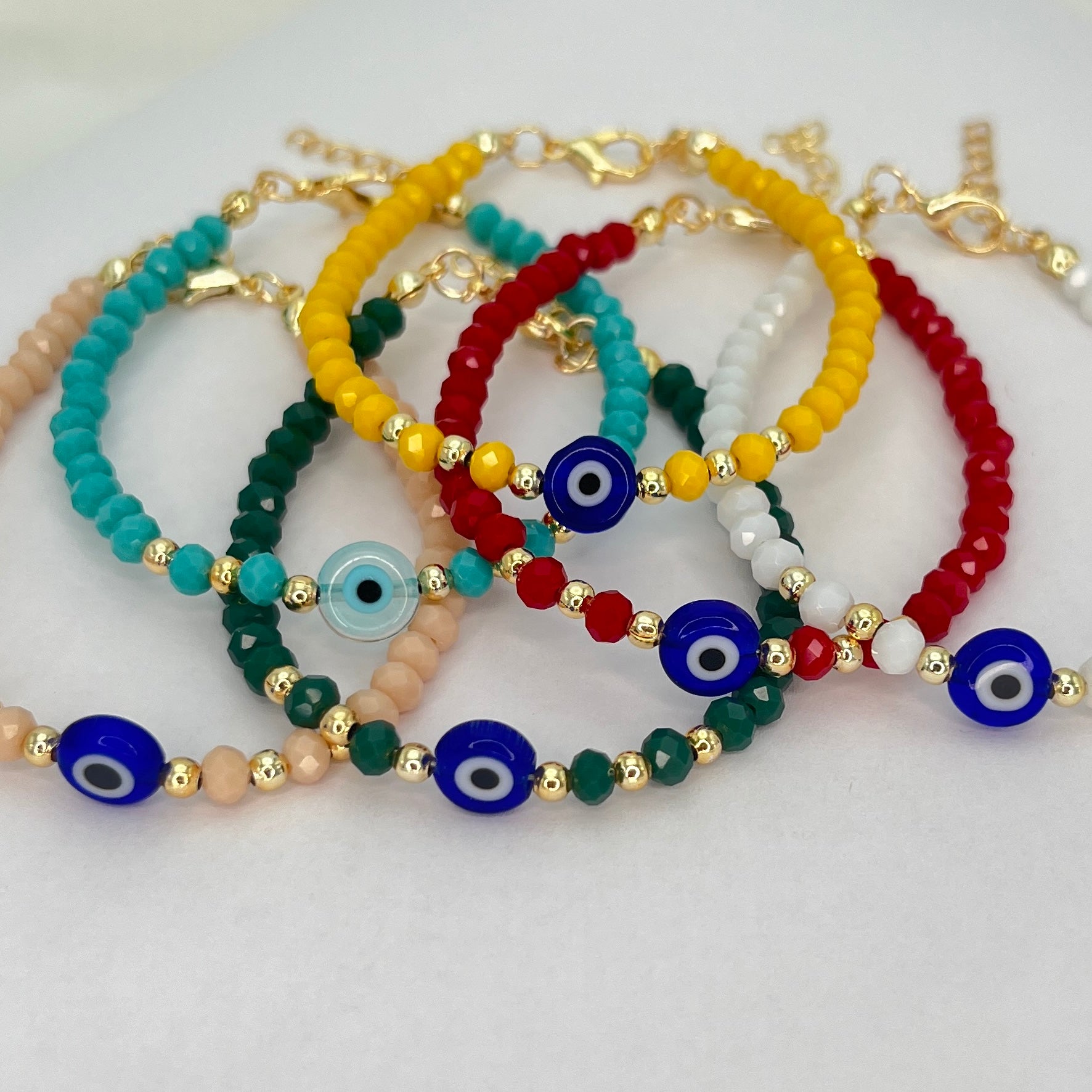 Evil Eye Crystal Beaded Bracelet, Charm - 6 Color Options 