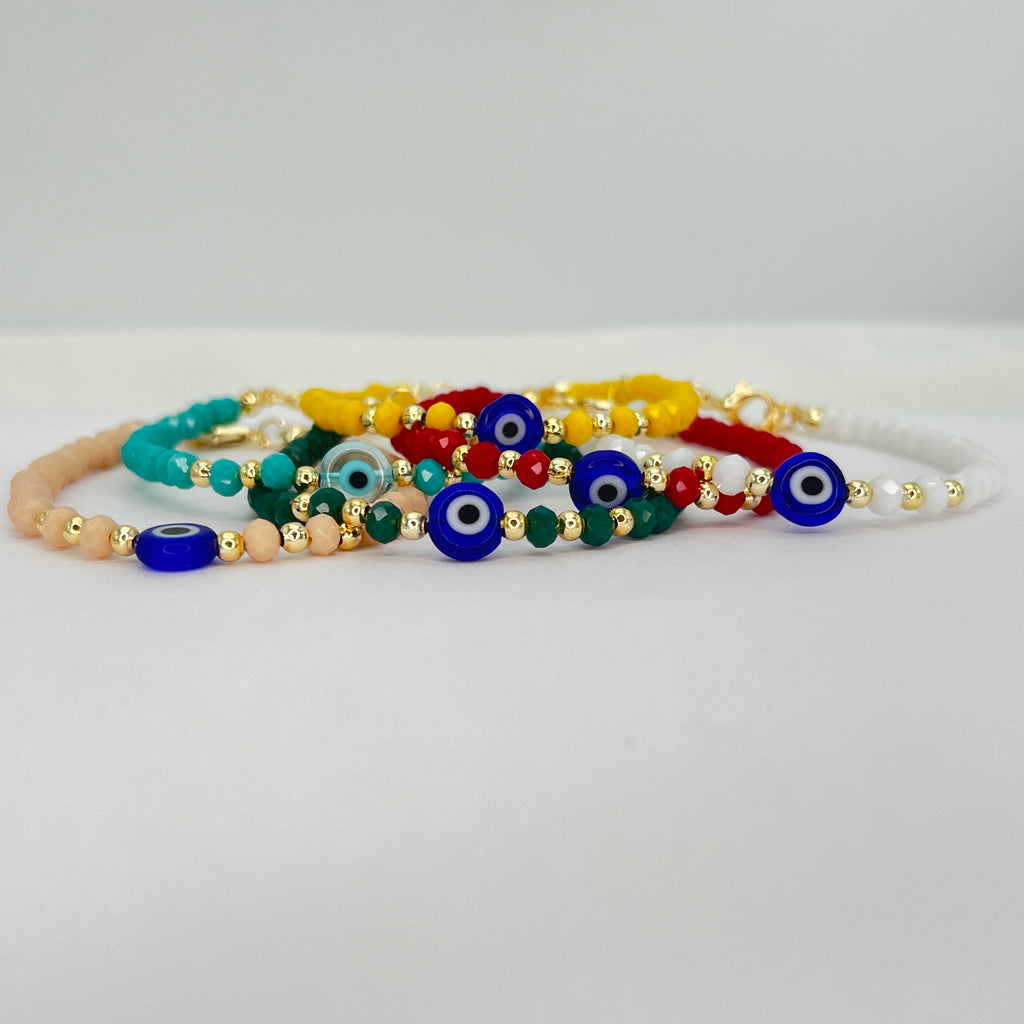 Evil Eye Crystal Beaded Bracelet, Charm - 6 Color Options 