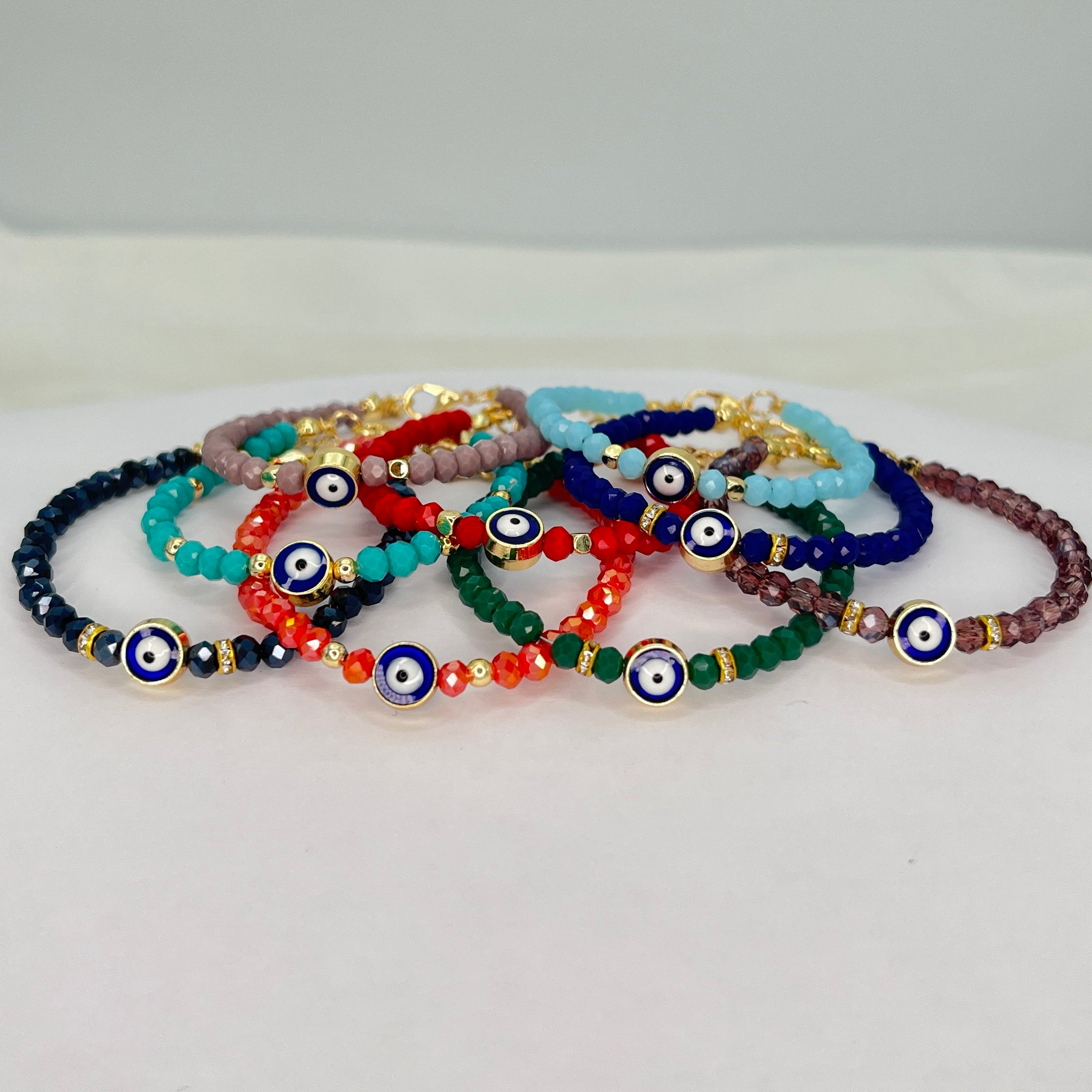Crystal Beaded Evil Eye Bracelet, Charm - 9 Color Options 