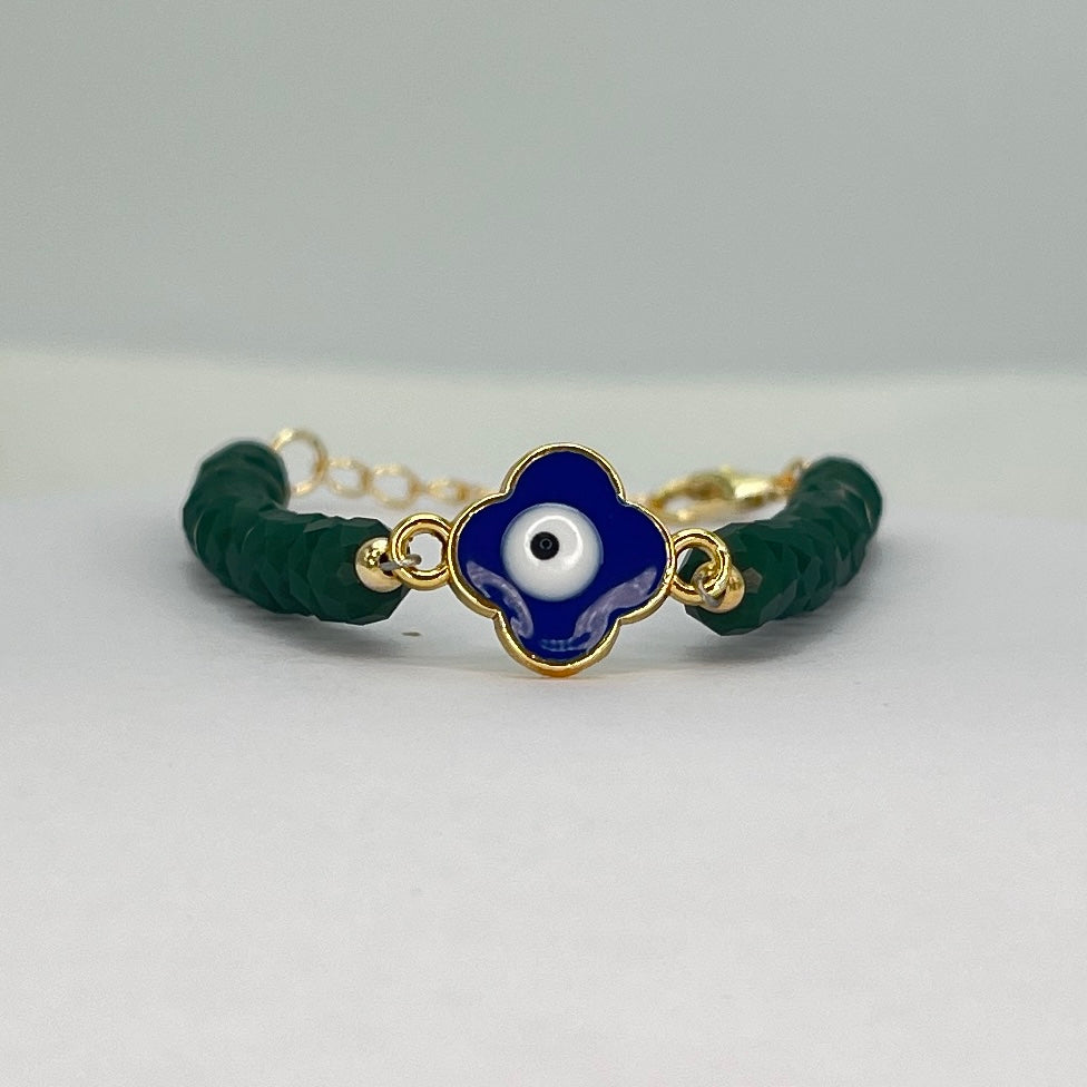 Crystal Beaded Clover Eye Bracelet, Charm - 7 Color Options