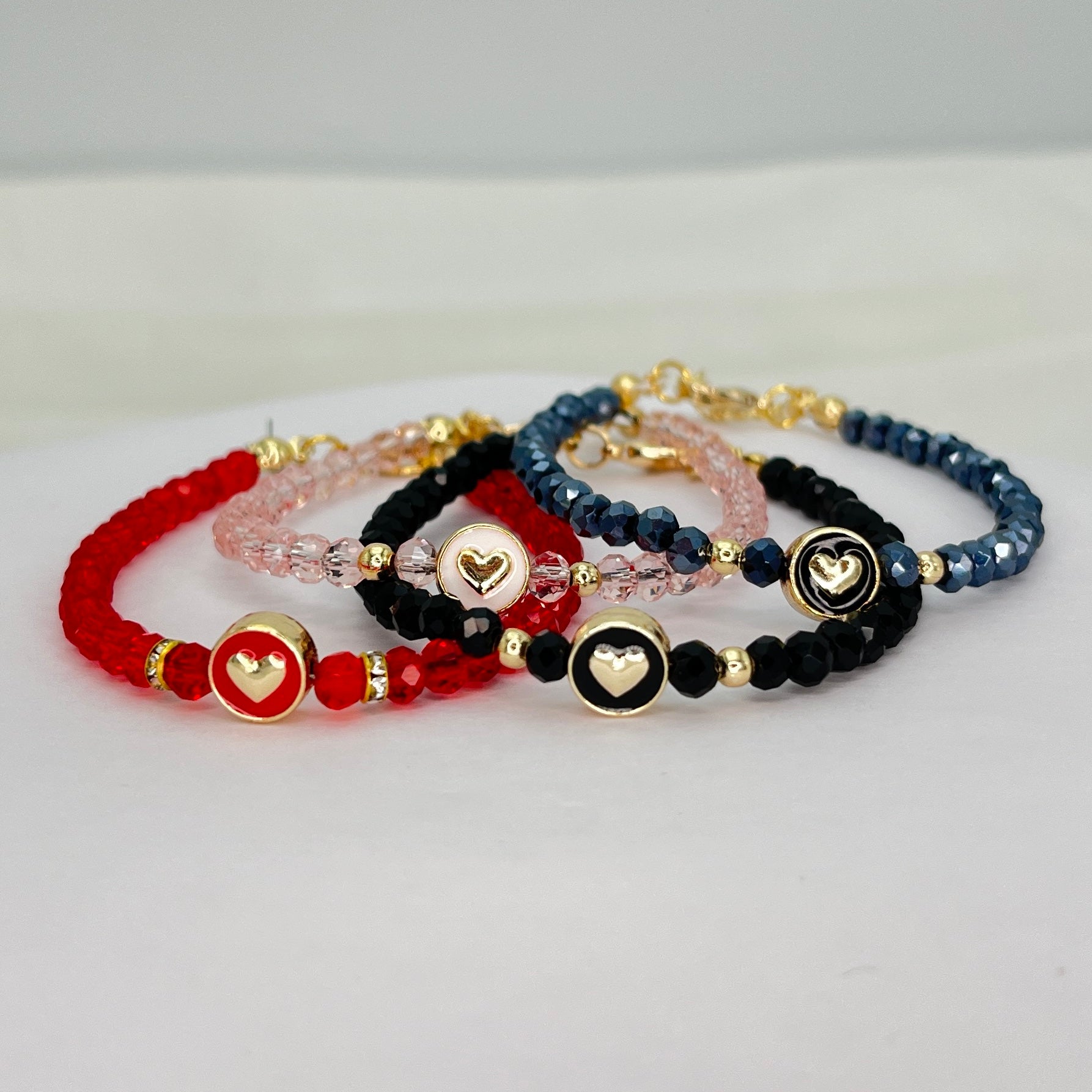 Crystal Beaded Bracelet with Heart Charm - 4 Color Options 