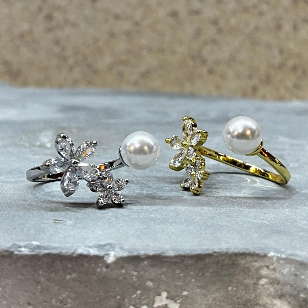 Sparkling Gemstone Flower Adjustable Stackable Ring, Elegant