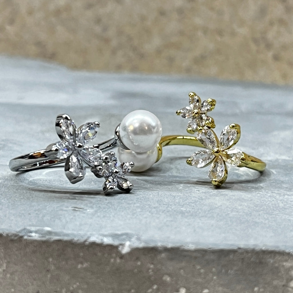 Sparkling Gemstone Flower Adjustable Stackable Ring, Elegant