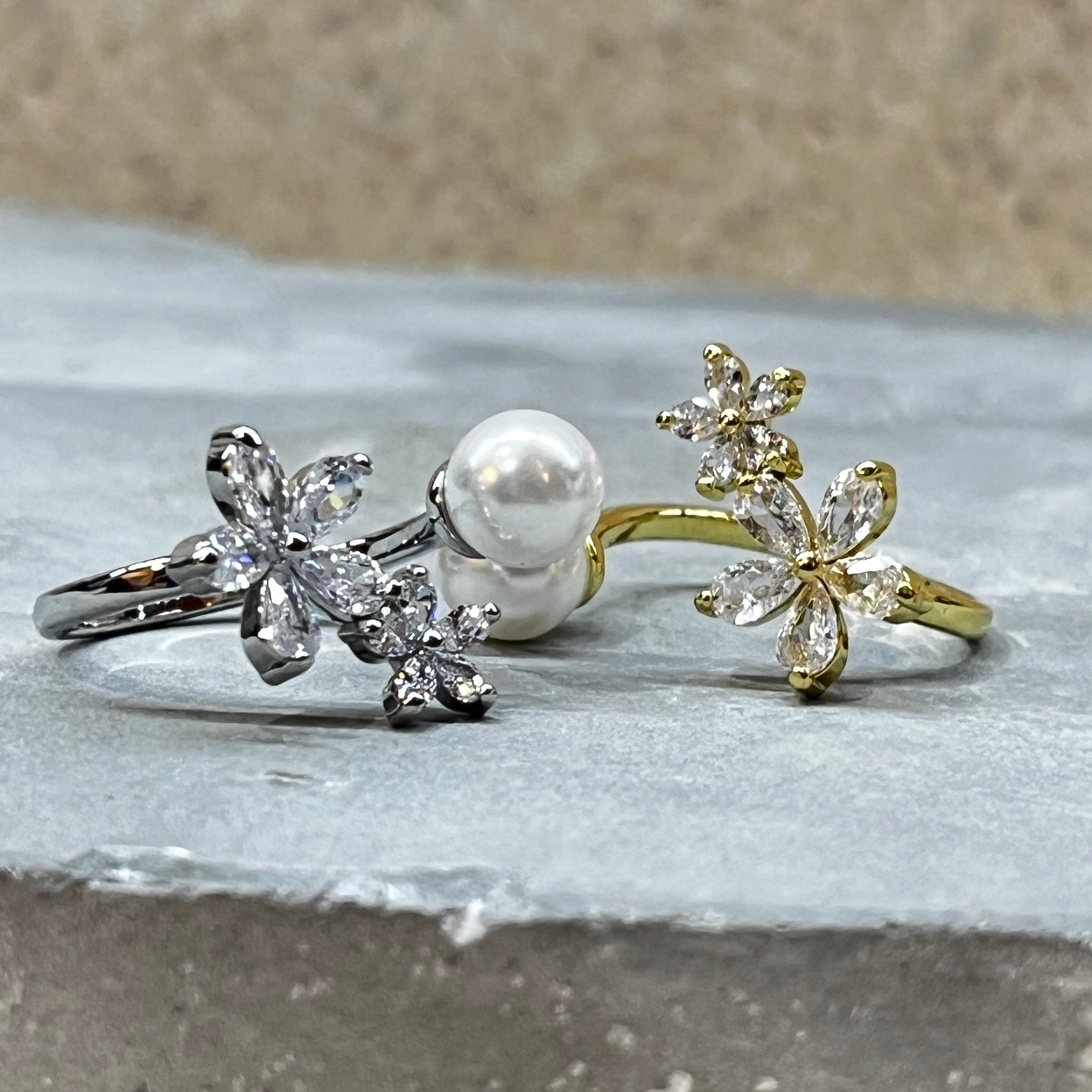 Sparkling Gemstone Flower Adjustable Stackable Ring, Elegant