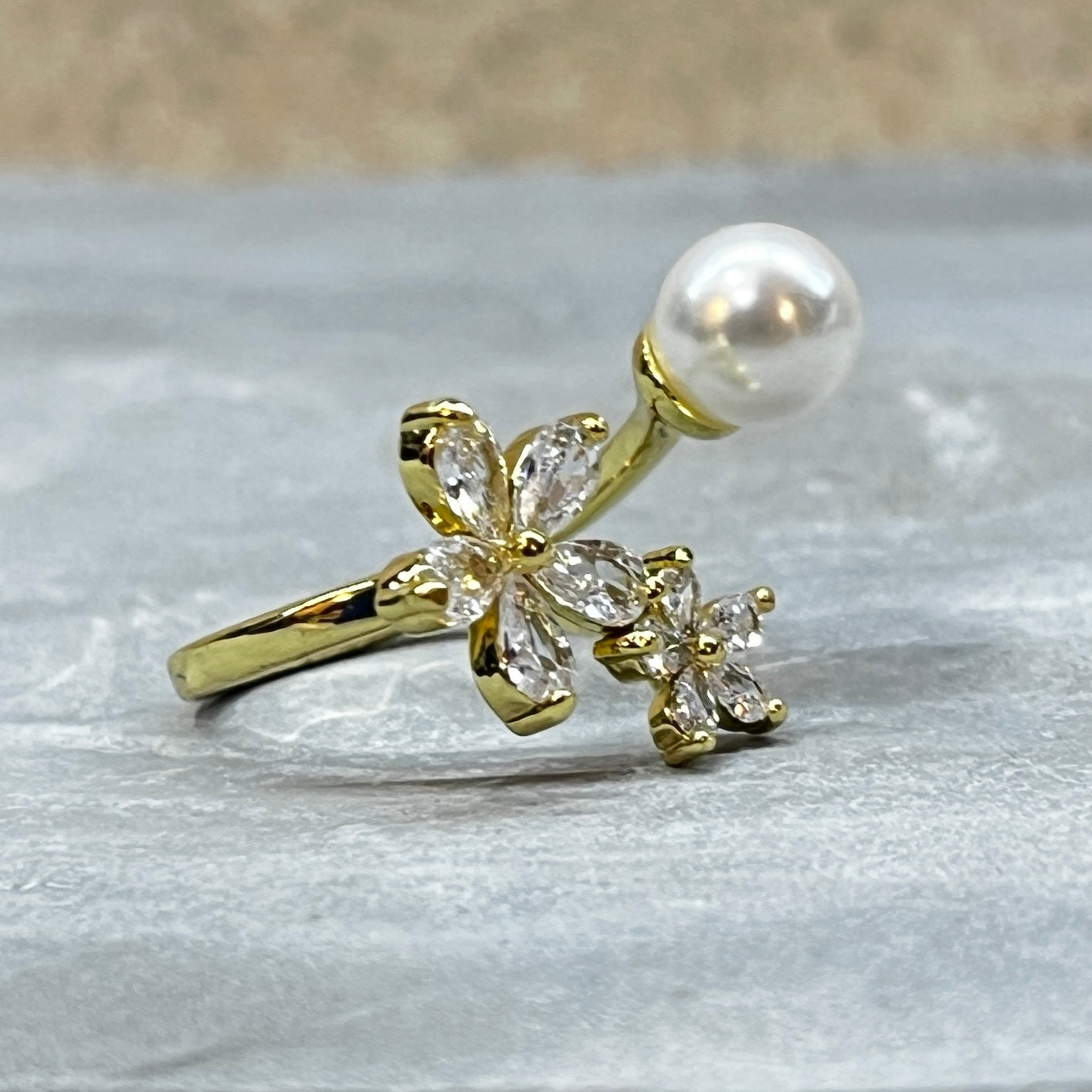 Sparkling Gemstone Flower Adjustable Stackable Ring, Elegant