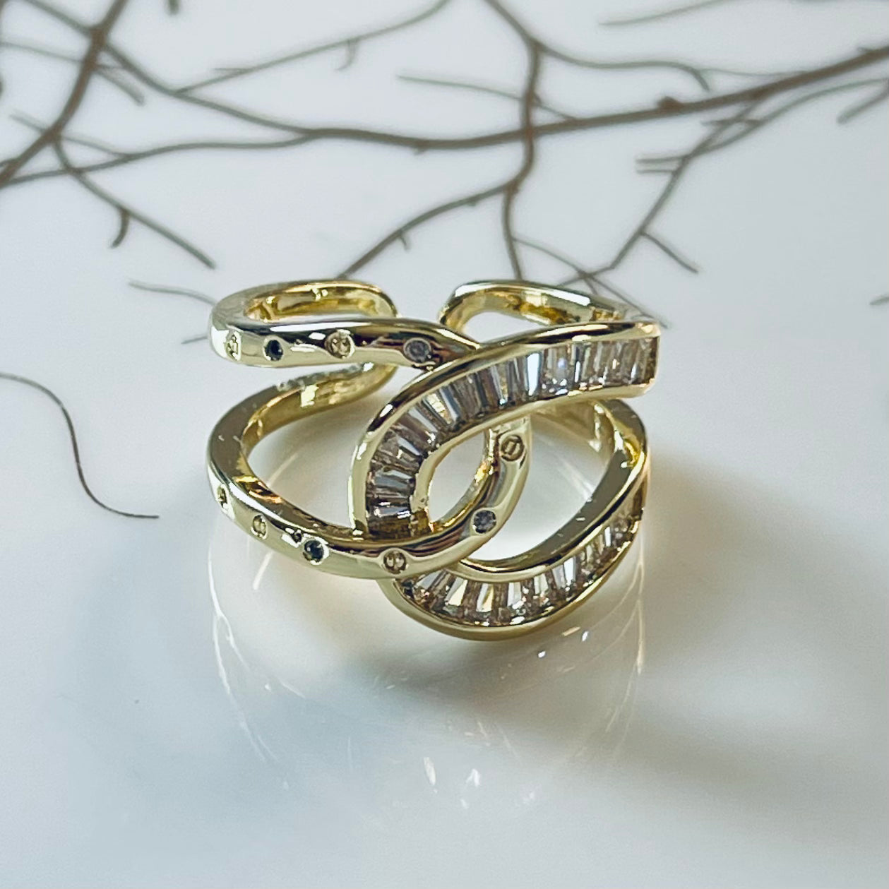 Bold Knot Sparkling Gemstone Adjustable Ring, Elegant Design