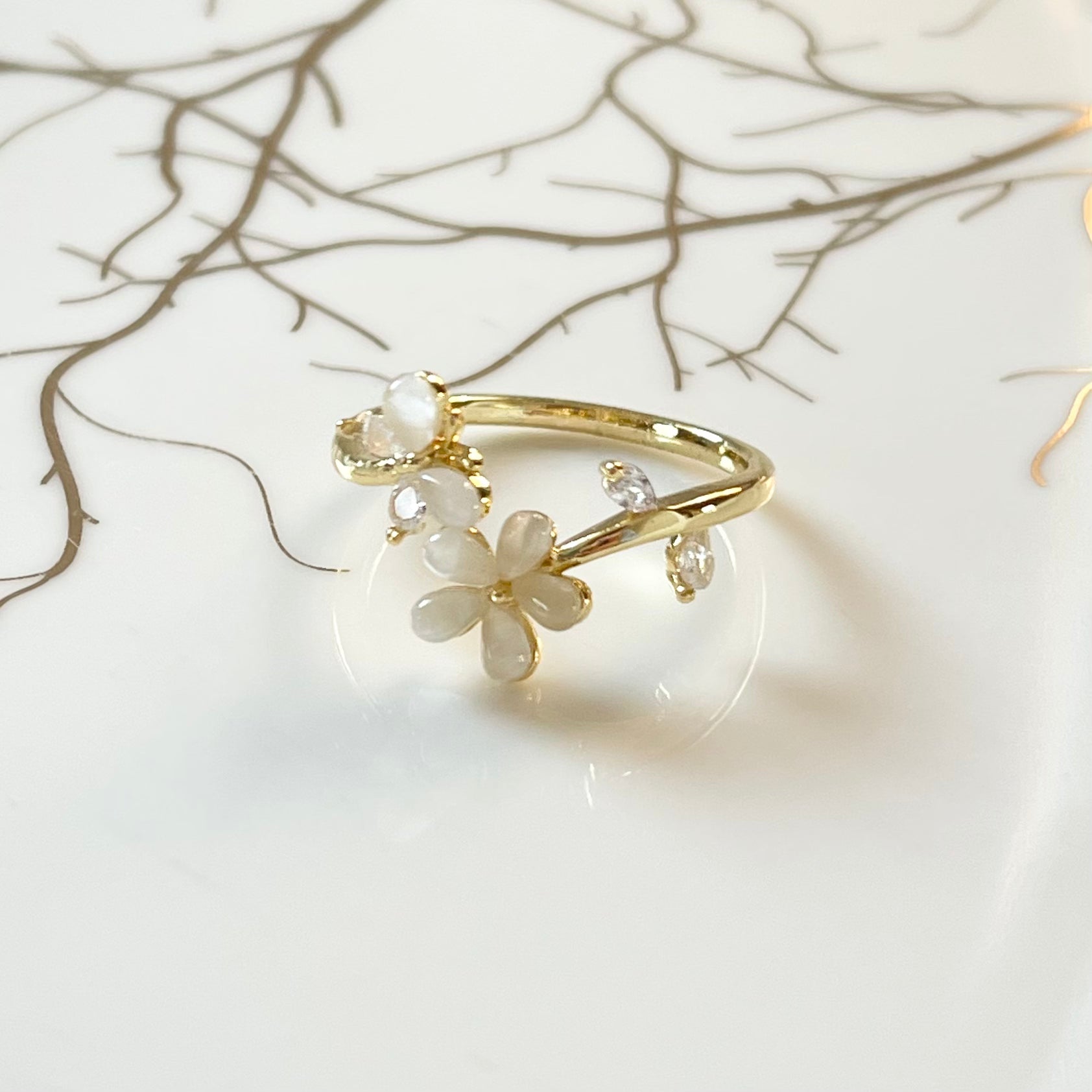 Flower and Butterfly Sparkling Gemstone Adjustable Ring Gift