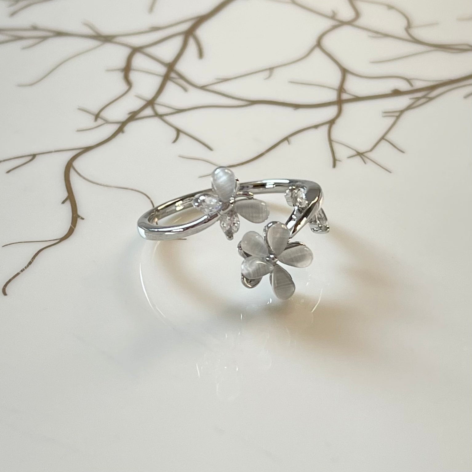Flower and Butterfly Sparkling Gemstone Adjustable Ring Gift