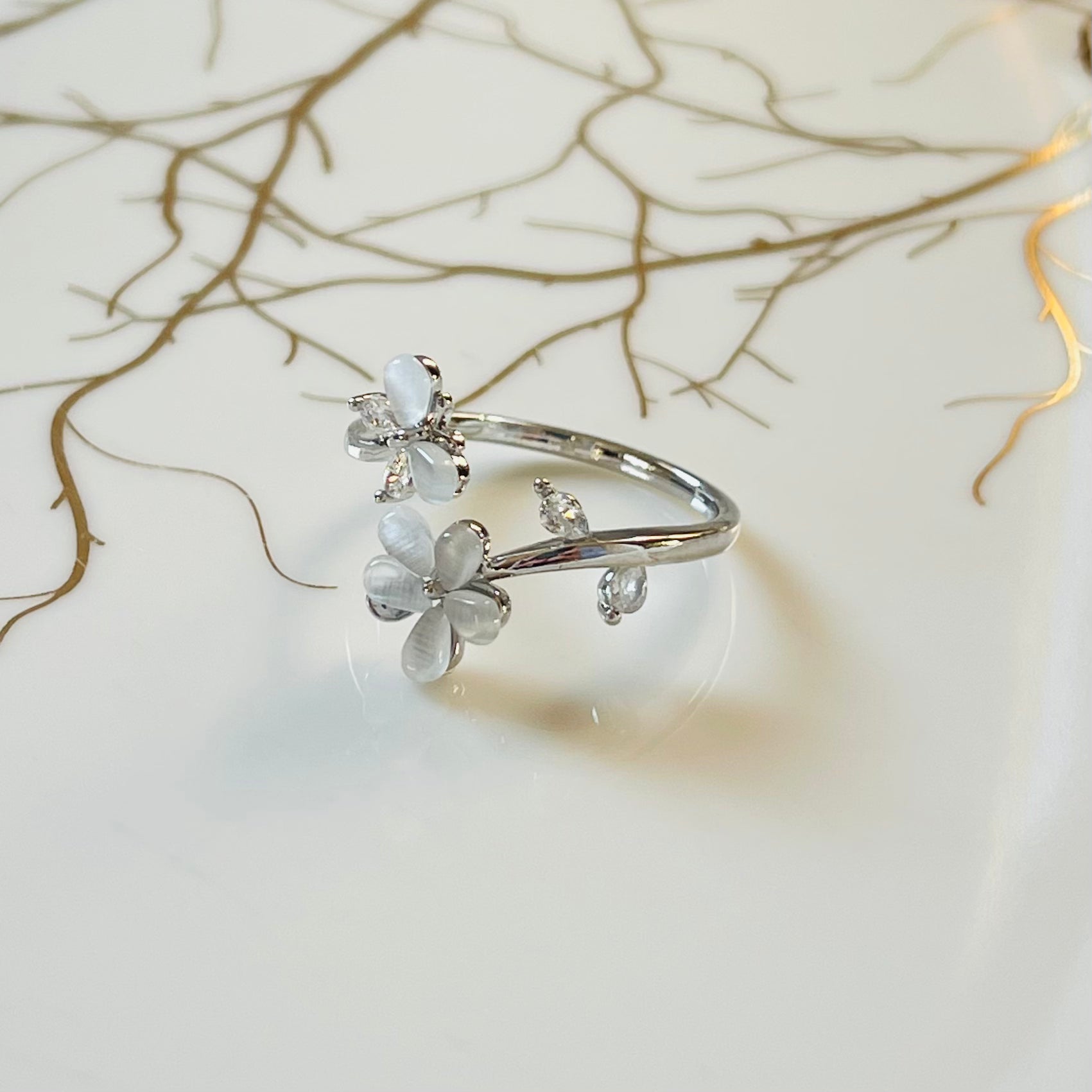 Flower and Butterfly Sparkling Gemstone Adjustable Ring Gift