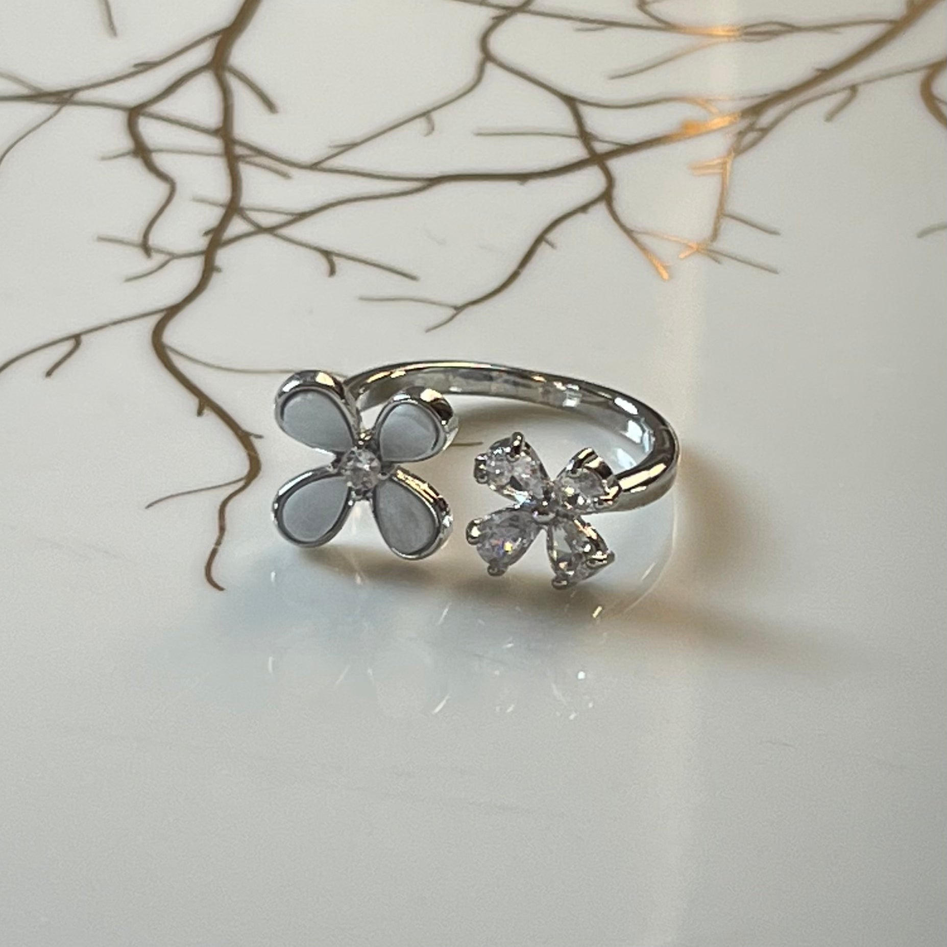 Four-Leaf Colorful Gemstone Butterfly Adjustable Ring, Cute