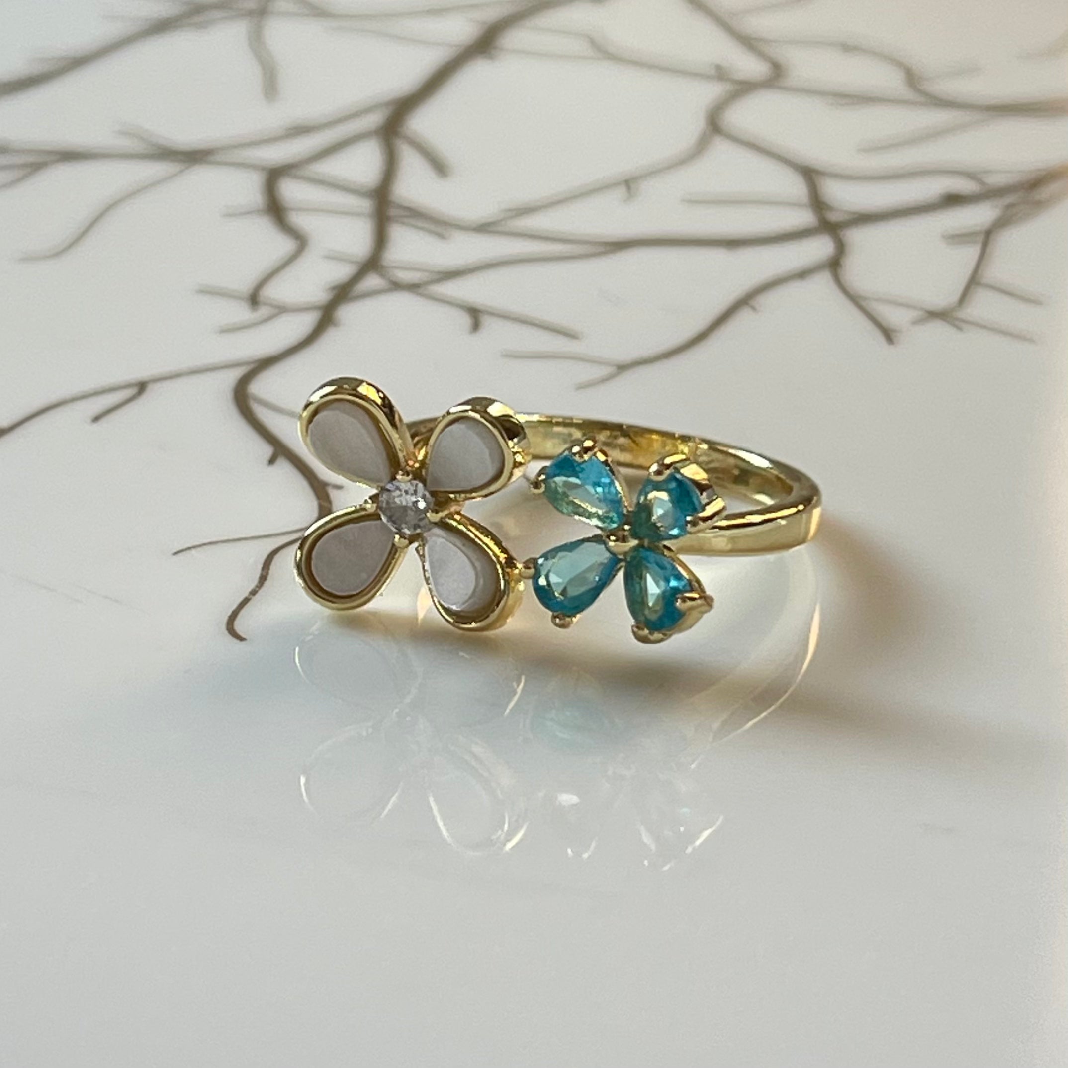Four-Leaf Colorful Gemstone Butterfly Adjustable Ring, Cute