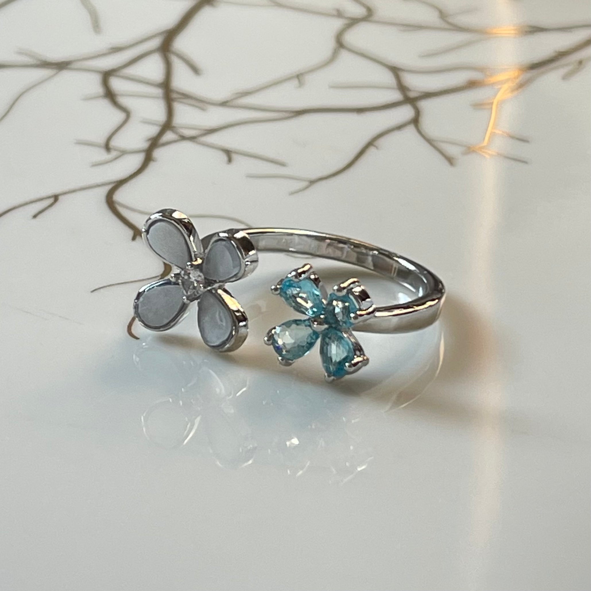 Four-Leaf Colorful Gemstone Butterfly Adjustable Ring, Cute
