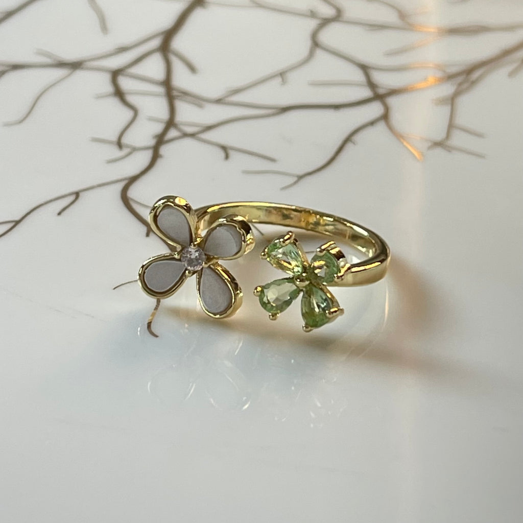 Four-Leaf Colorful Gemstone Butterfly Adjustable Ring, Cute