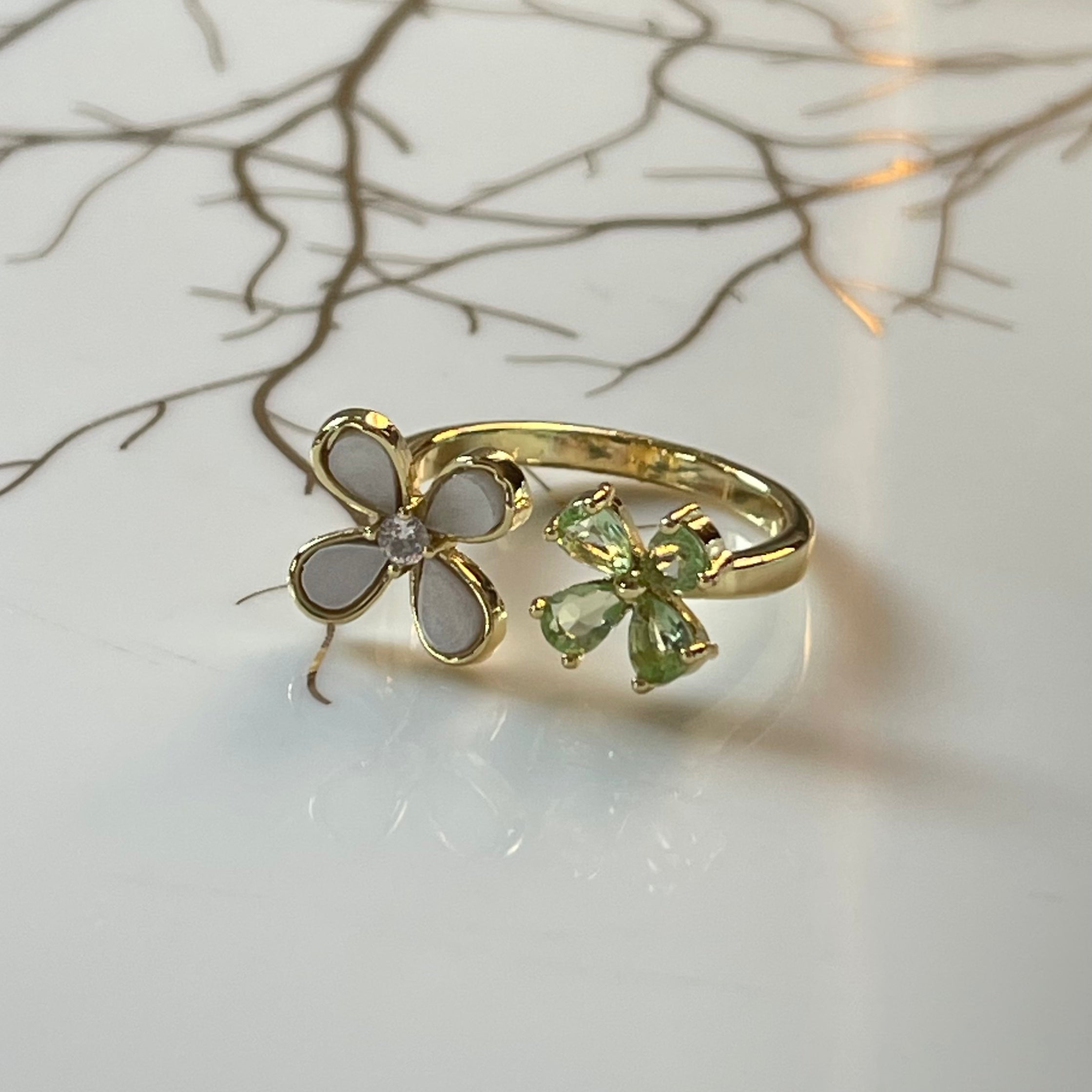 Four-Leaf Colorful Gemstone Butterfly Adjustable Ring, Cute