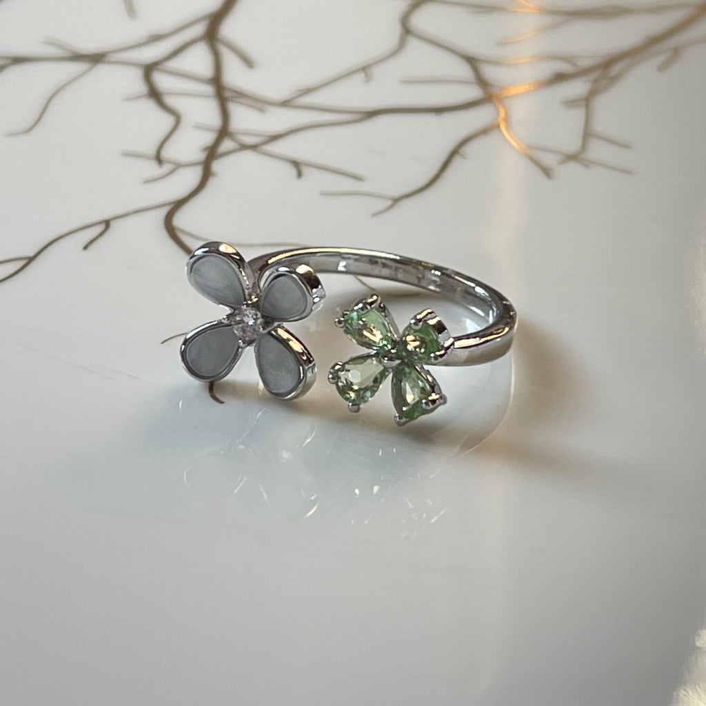 Four-Leaf Colorful Gemstone Butterfly Adjustable Ring, Cute