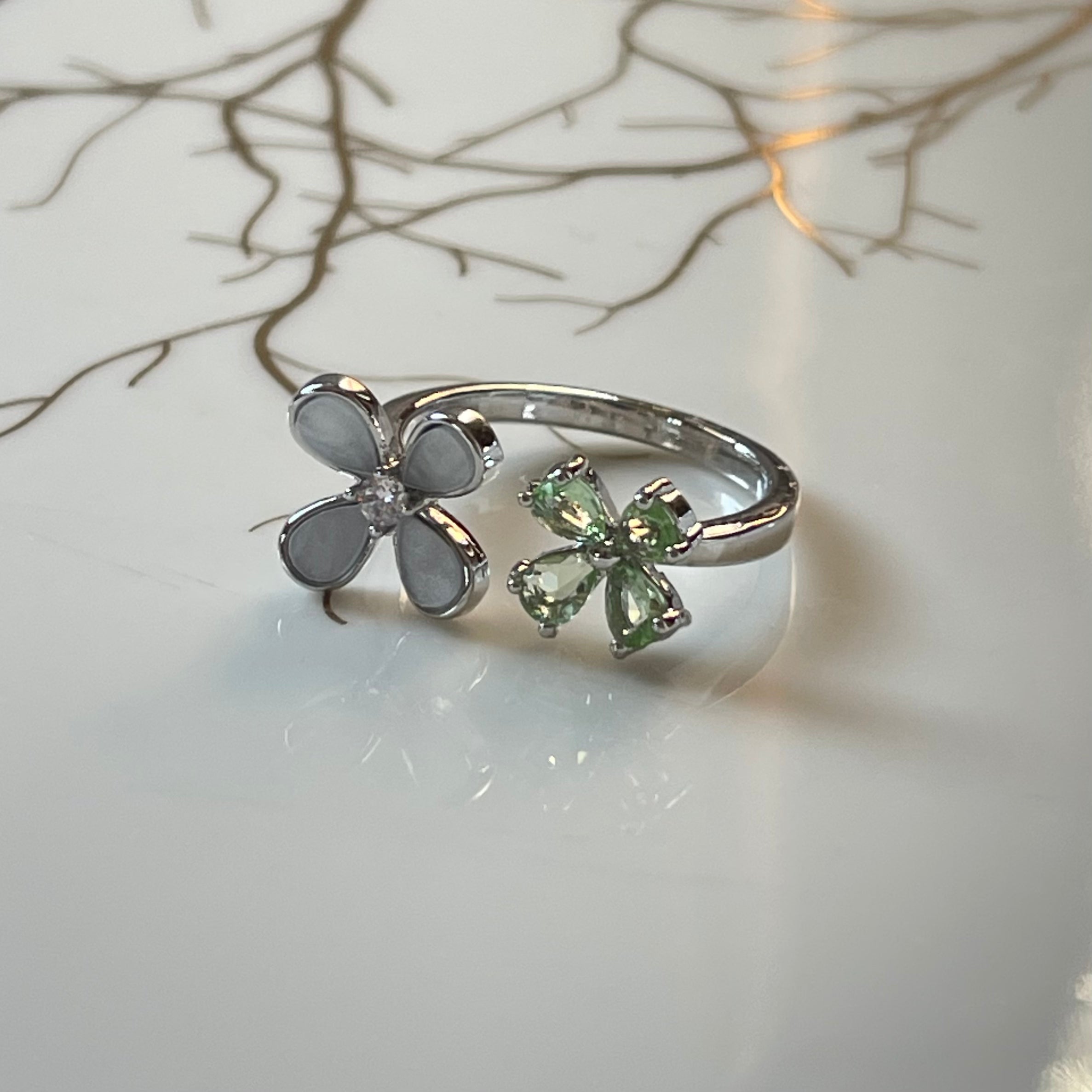 Four-Leaf Colorful Gemstone Butterfly Adjustable Ring, Cute