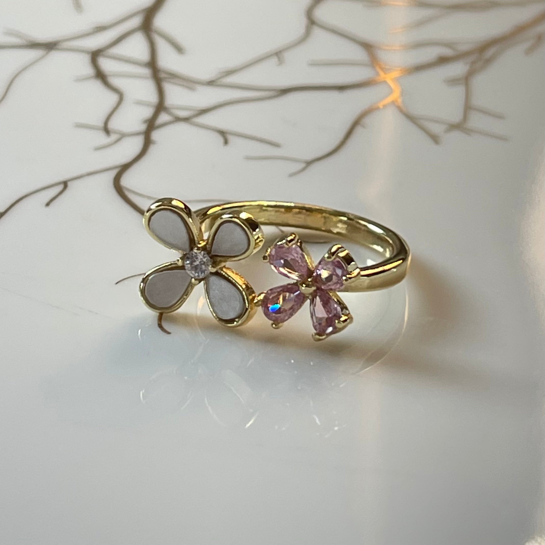 Four-Leaf Colorful Gemstone Butterfly Adjustable Ring, Cute