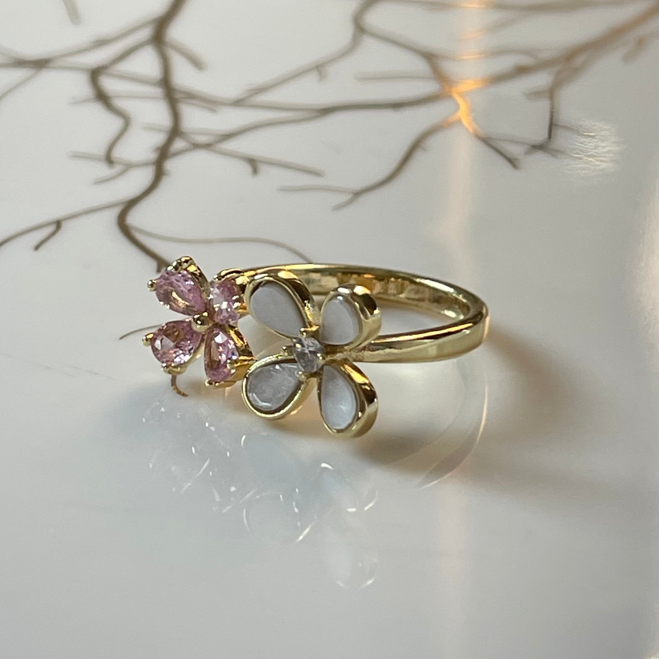 Four-Leaf Colorful Gemstone Butterfly Adjustable Ring, Cute