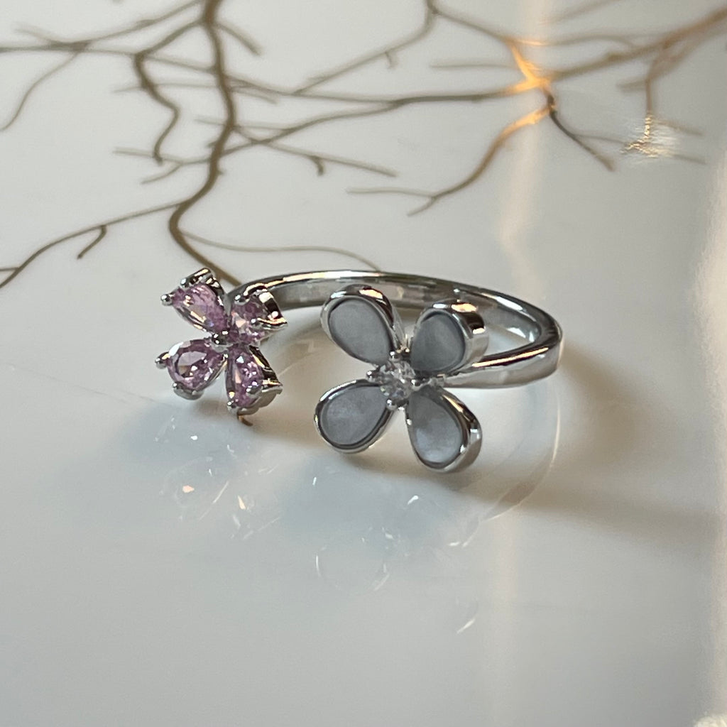 Four-Leaf Colorful Gemstone Butterfly Adjustable Ring, Cute