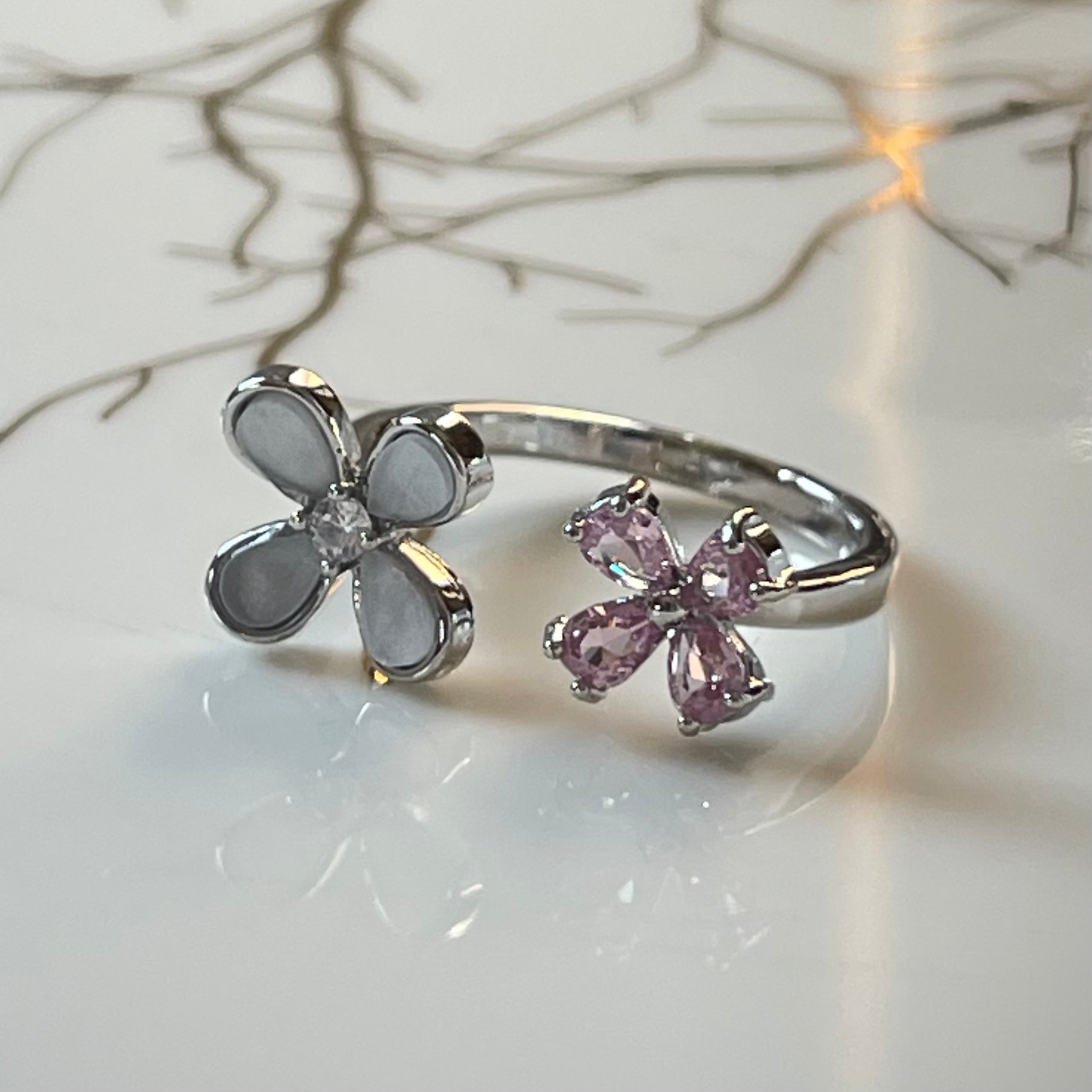 Four-Leaf Colorful Gemstone Butterfly Adjustable Ring, Cute