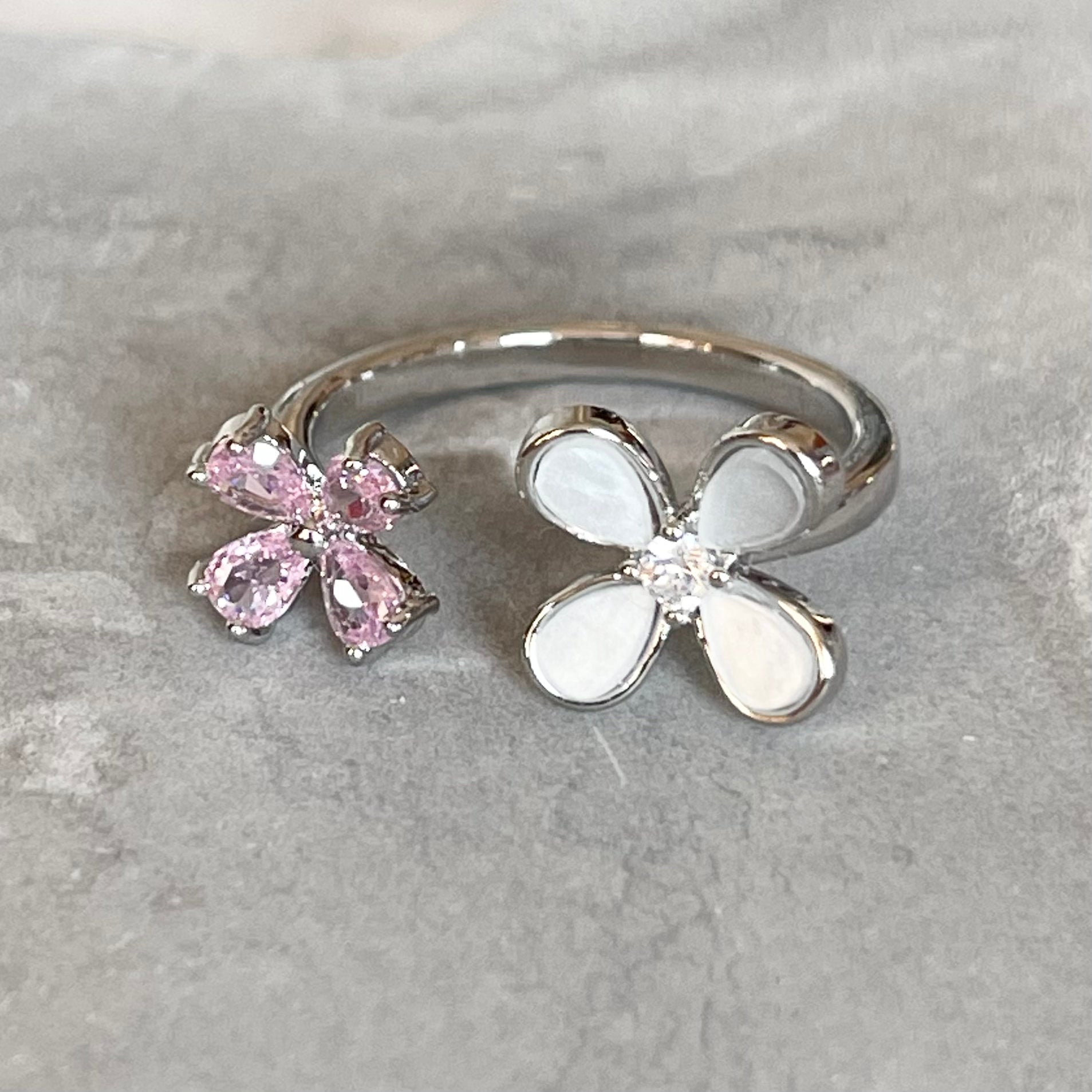 Four-Leaf Colorful Gemstone Butterfly Adjustable Ring, Cute