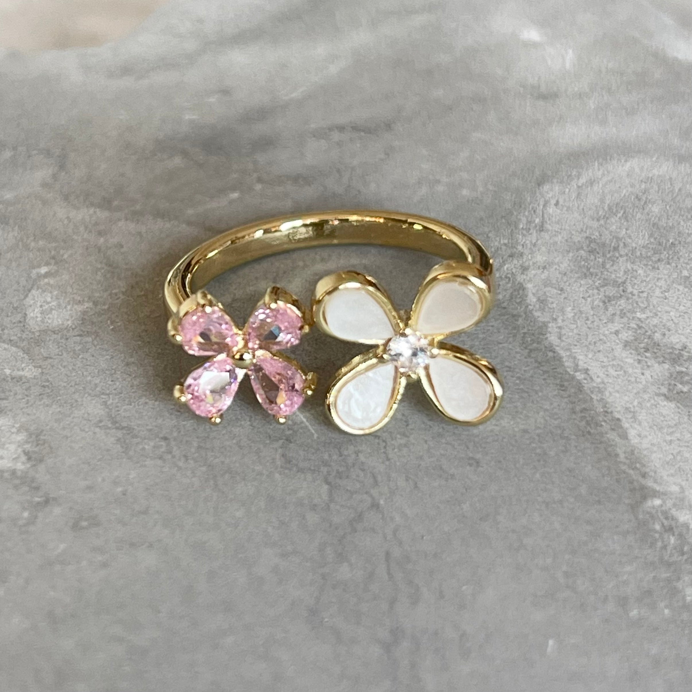Four-Leaf Colorful Gemstone Butterfly Adjustable Ring, Cute