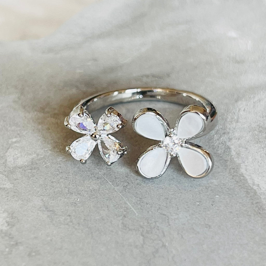 Four-Leaf Colorful Gemstone Butterfly Adjustable Ring, Cute