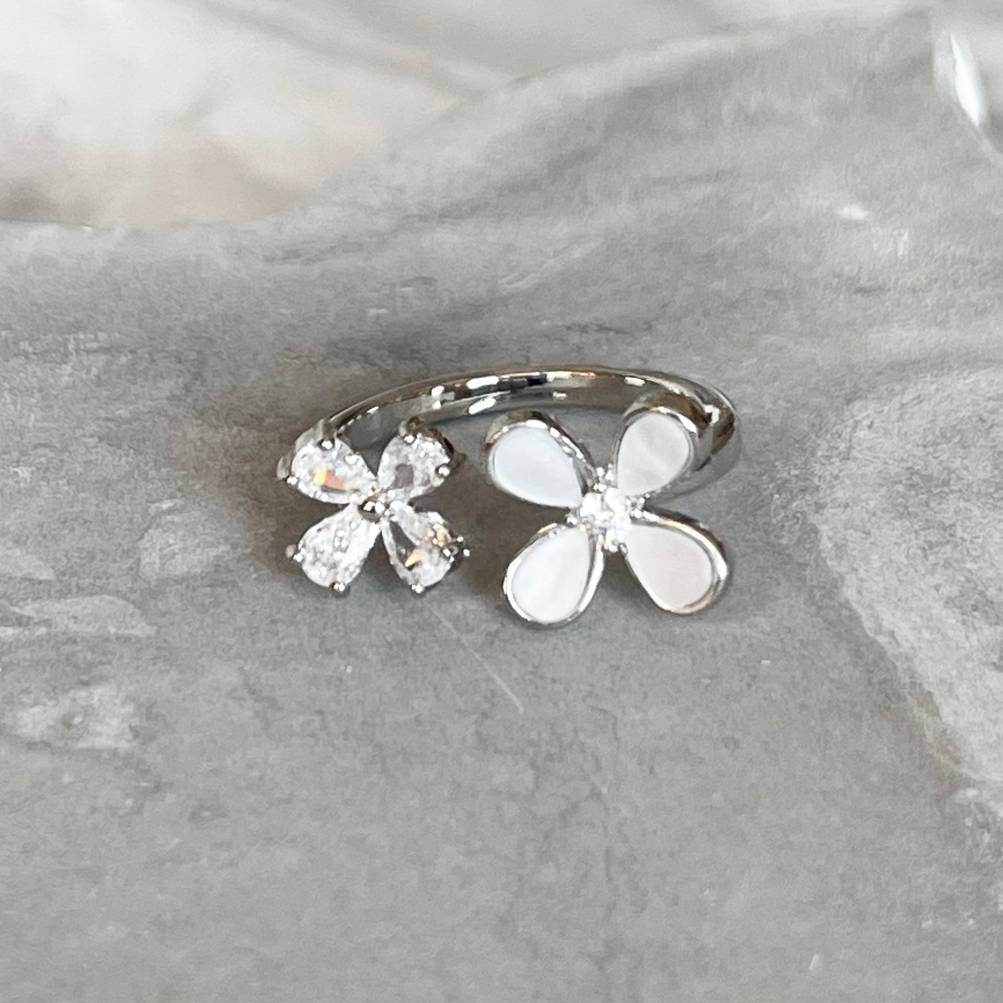 Four-Leaf Colorful Gemstone Butterfly Adjustable Ring, Cute