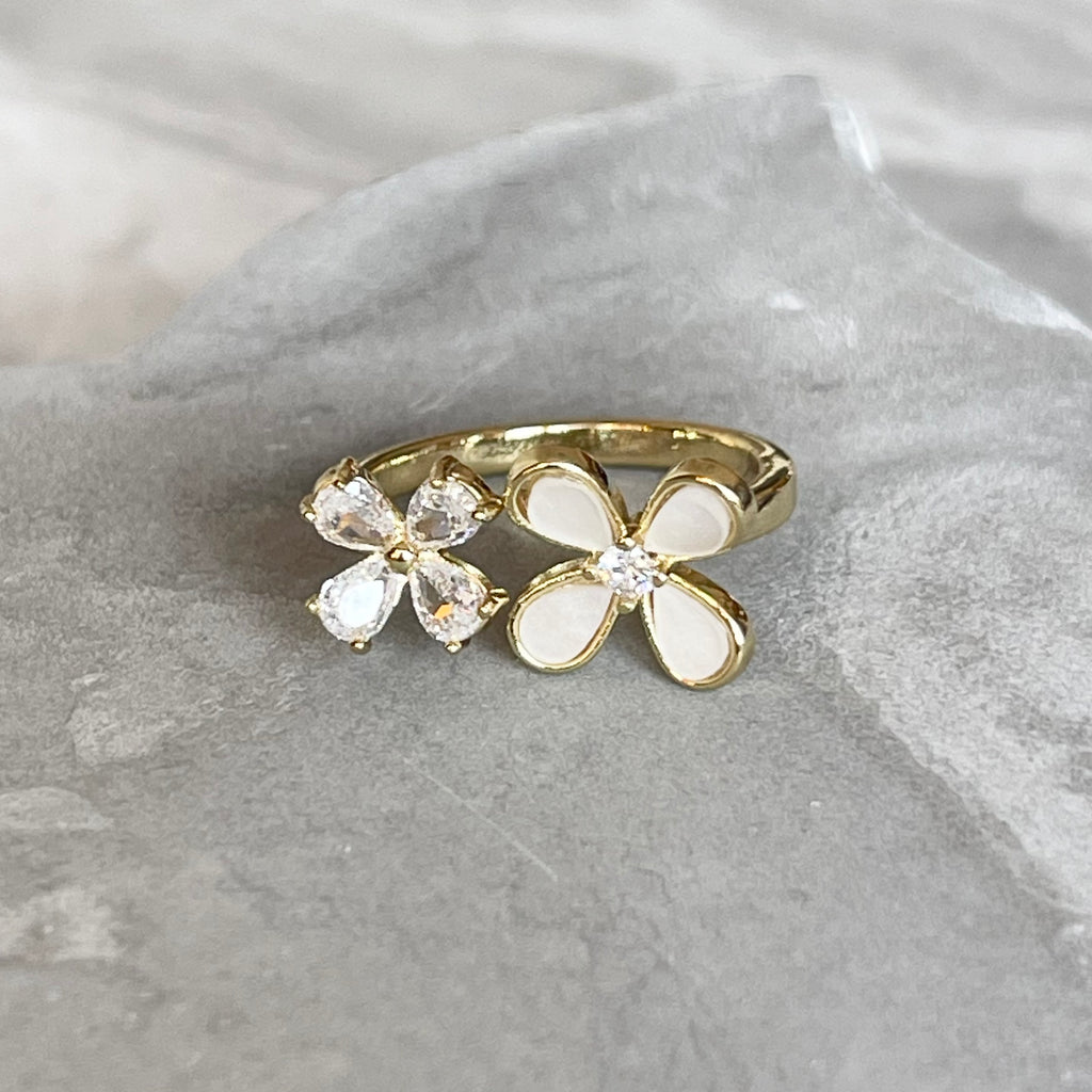 Four-Leaf Colorful Gemstone Butterfly Adjustable Ring, Cute