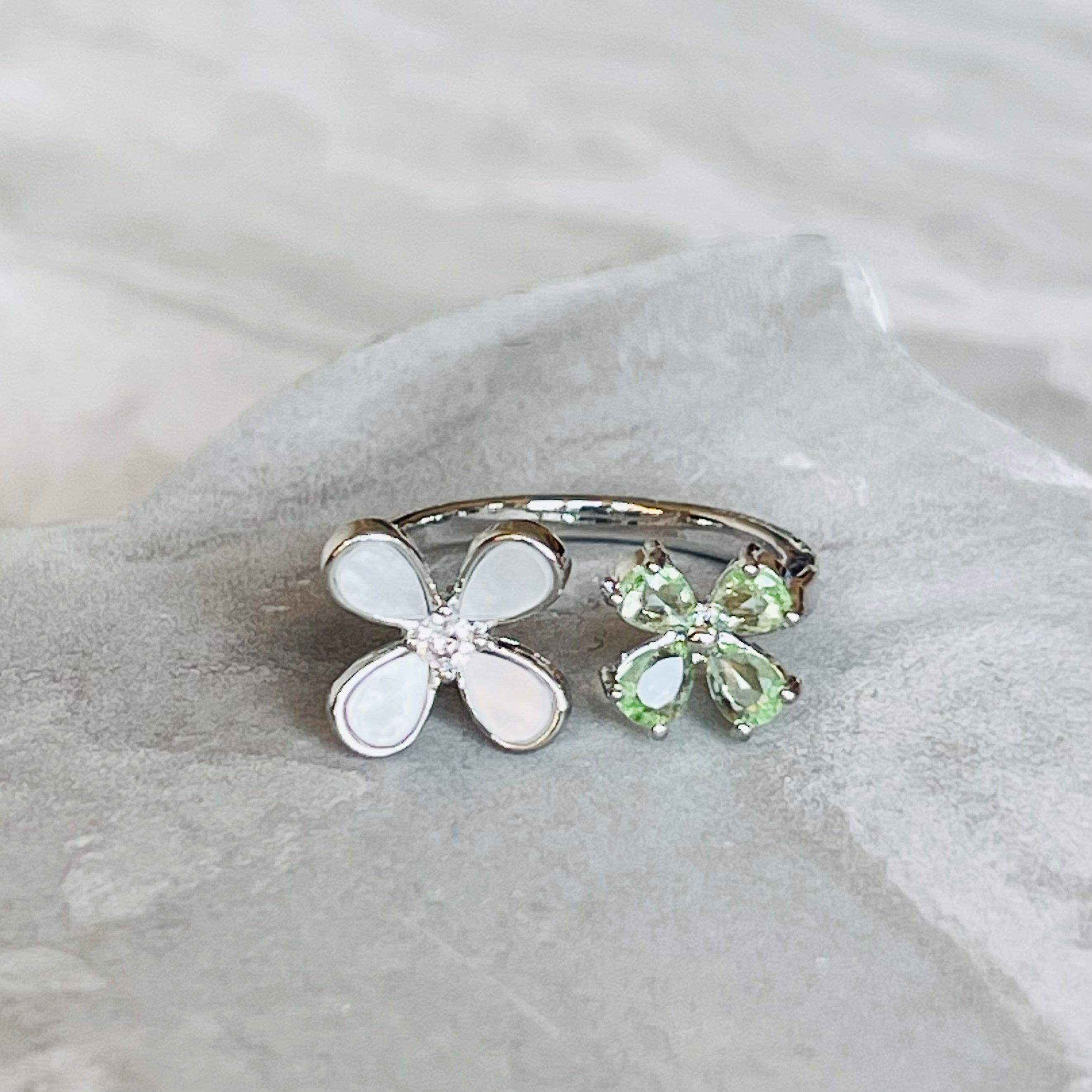 Four-Leaf Colorful Gemstone Butterfly Adjustable Ring, Cute