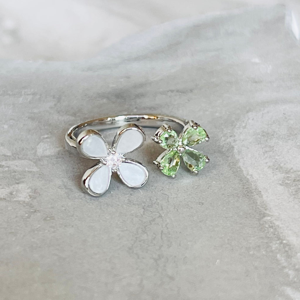 Four-Leaf Colorful Gemstone Butterfly Adjustable Ring, Cute