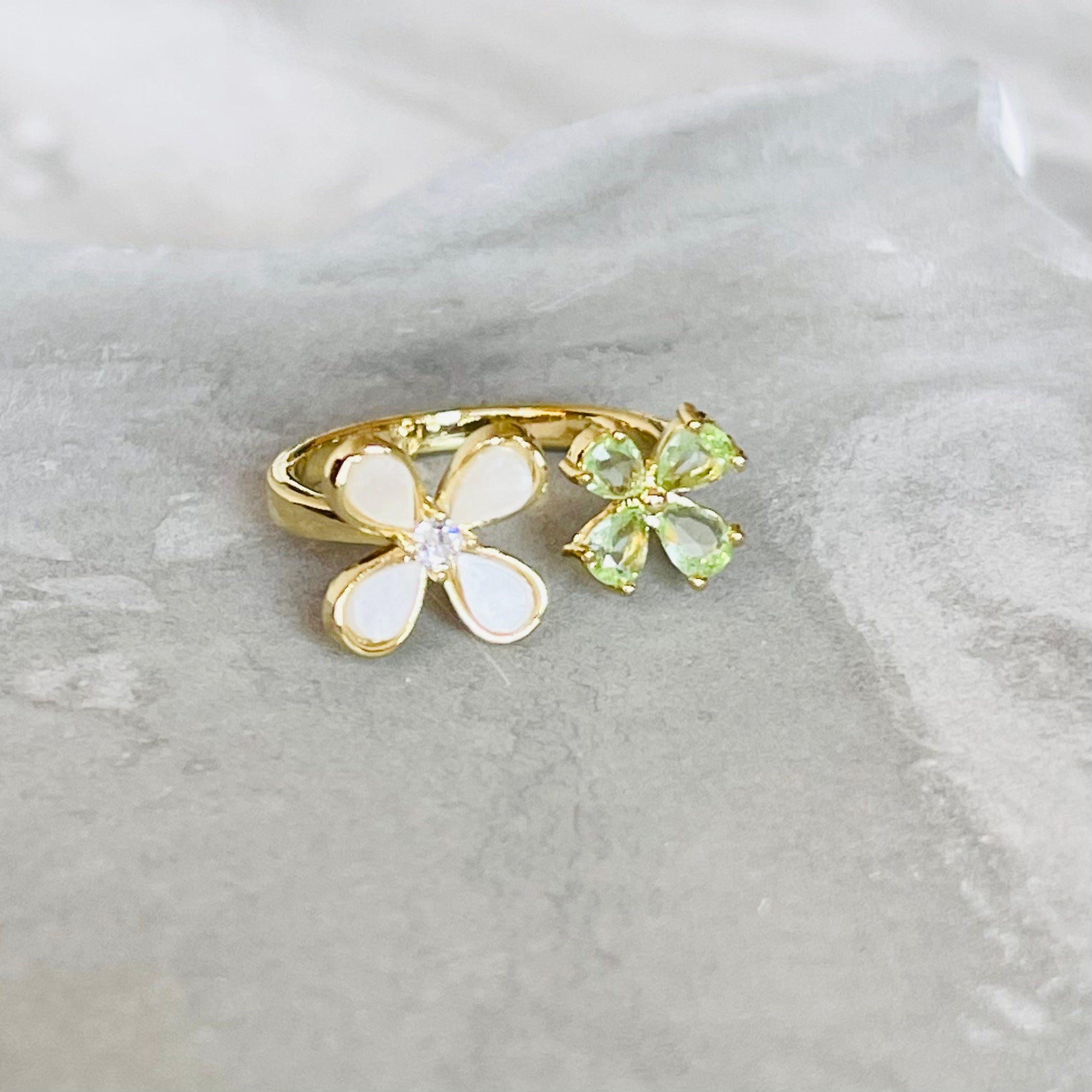 Four-Leaf Colorful Gemstone Butterfly Adjustable Ring, Cute