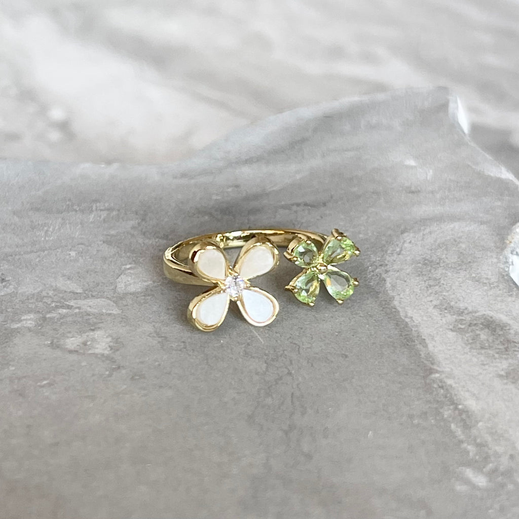 Four-Leaf Colorful Gemstone Butterfly Adjustable Ring, Cute