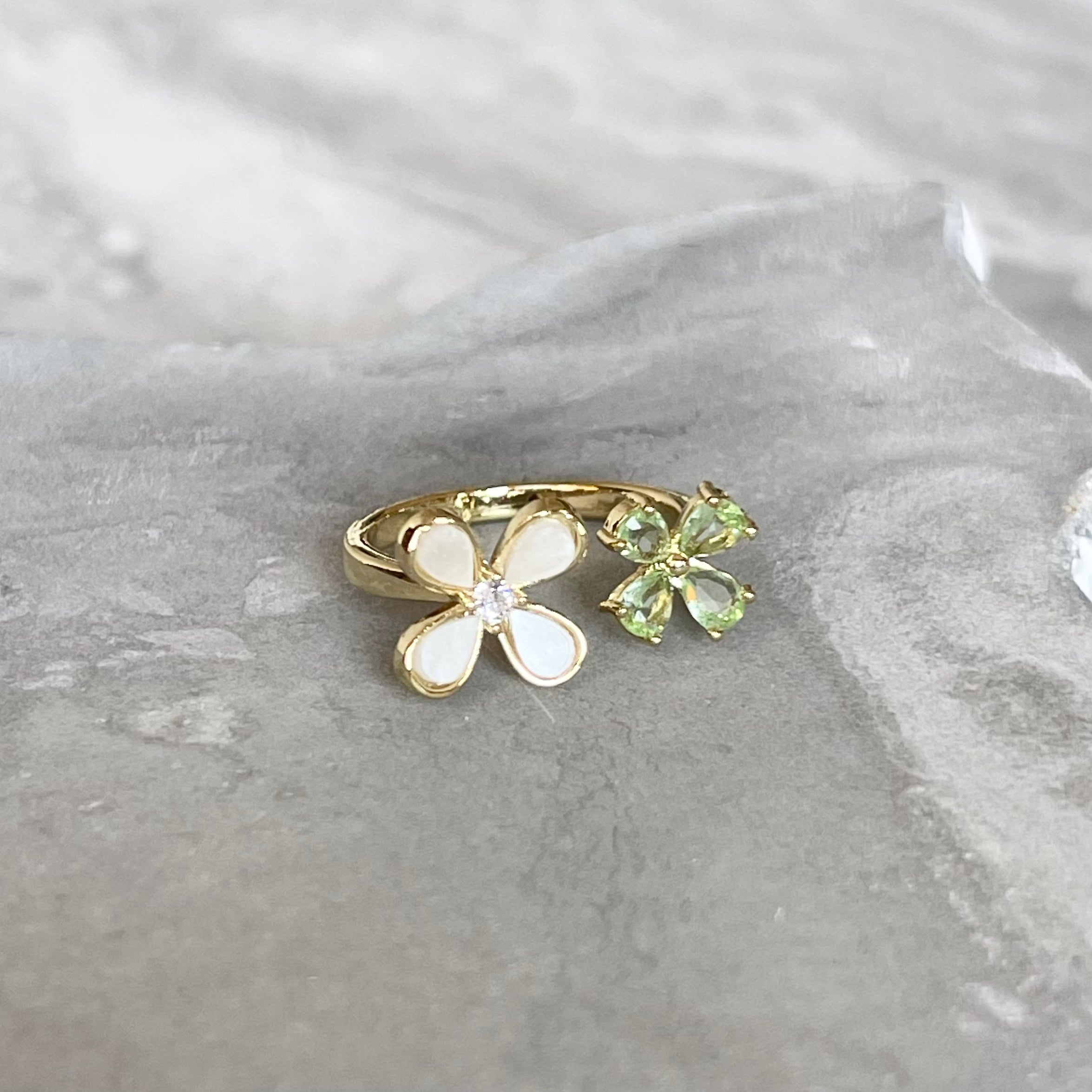 Four-Leaf Colorful Gemstone Butterfly Adjustable Ring, Cute