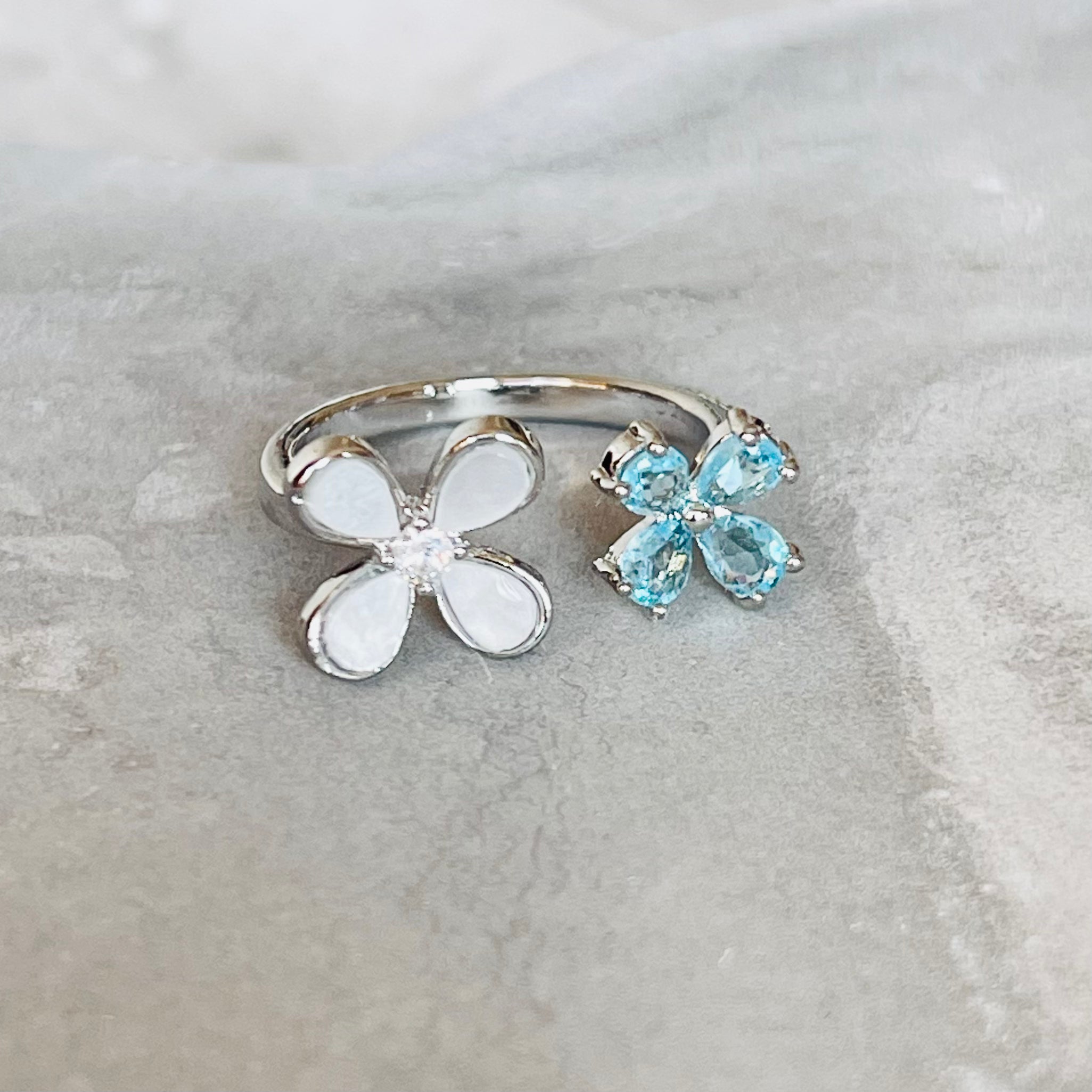 Four-Leaf Colorful Gemstone Butterfly Adjustable Ring, Cute