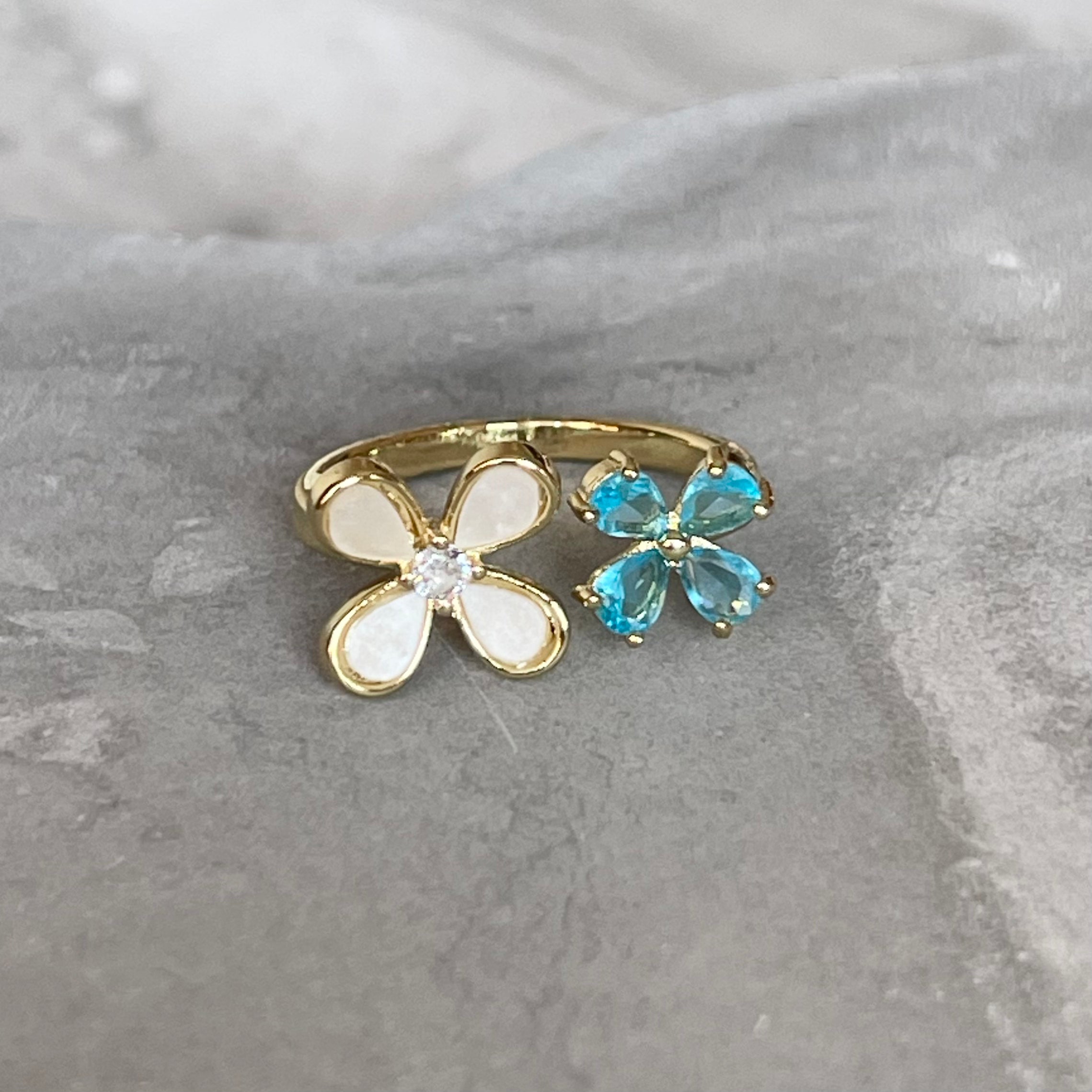 Four-Leaf Colorful Gemstone Butterfly Adjustable Ring, Cute