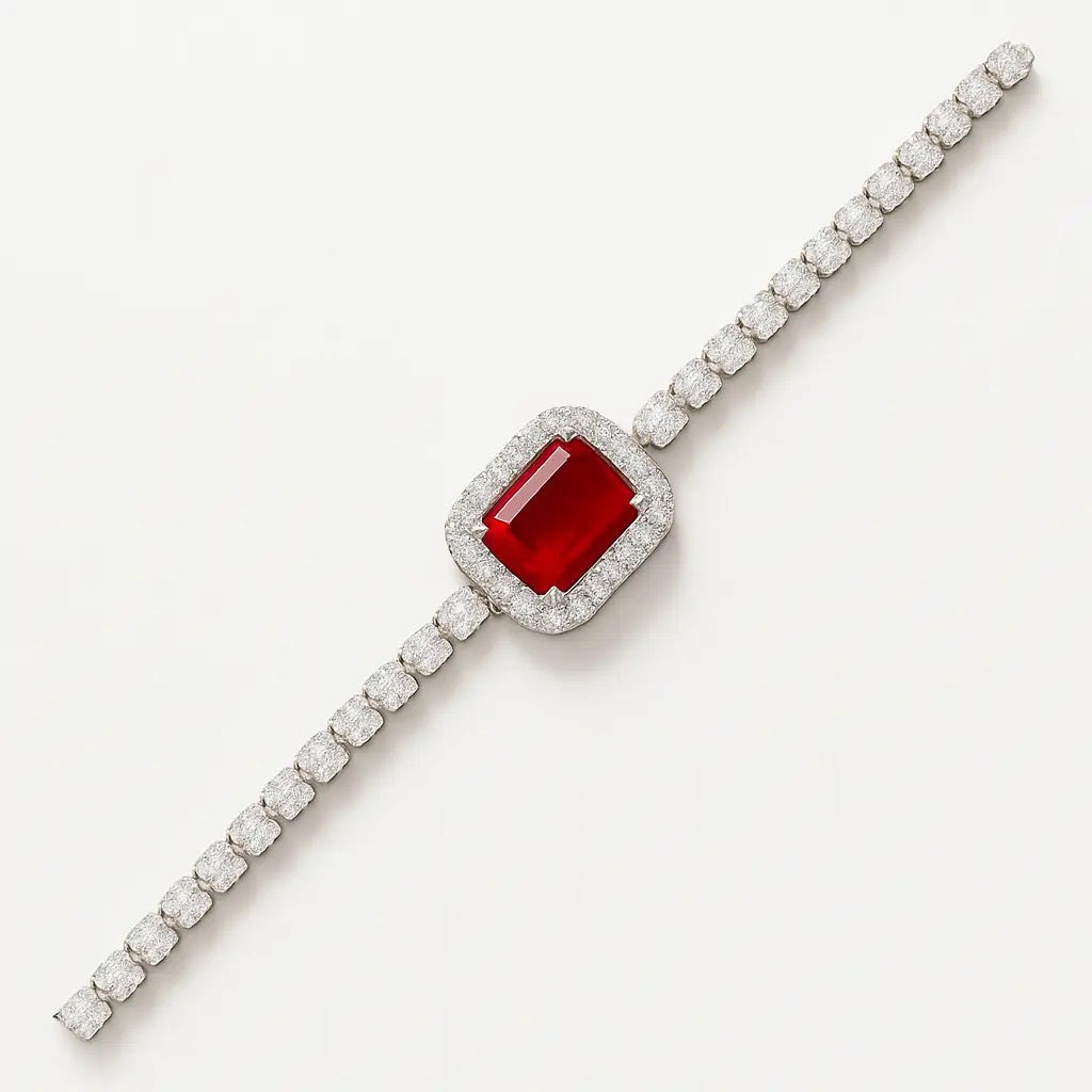 Emerald-Cut Red Crystal Gold&Silver  Plated Tennis Bracelet
