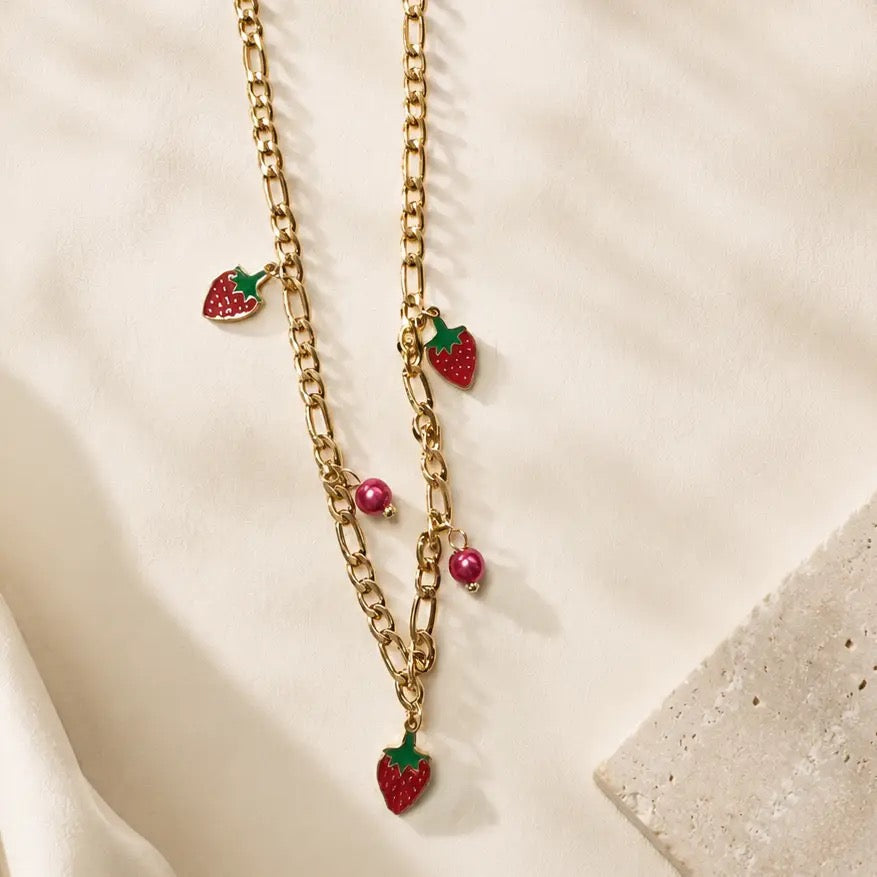 Strawberry Charm Chain Necklace with Pink Bead Accents